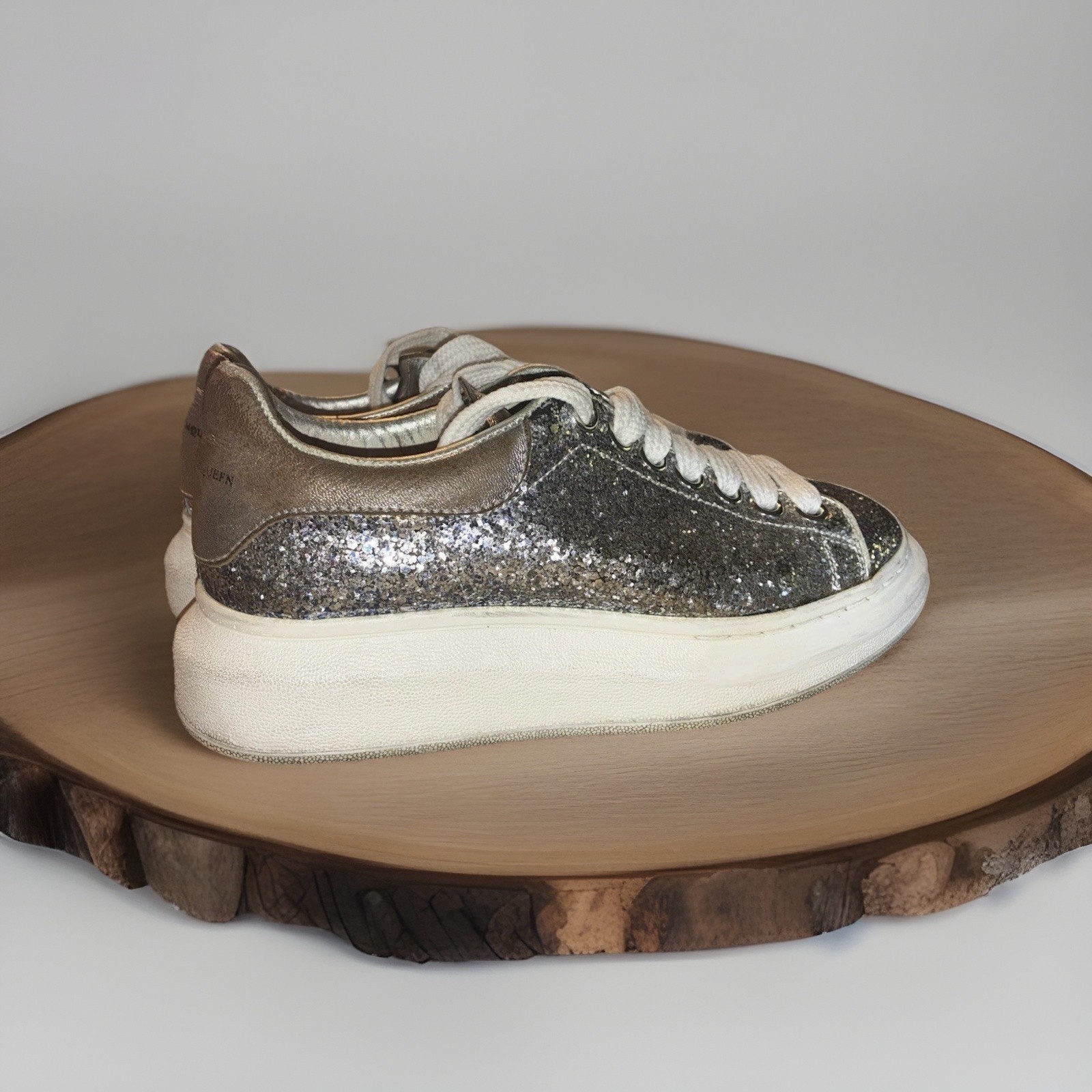 Alexander McQueen Metallic Silver Glitter Oversized Sneakers Size UK 35/US 5