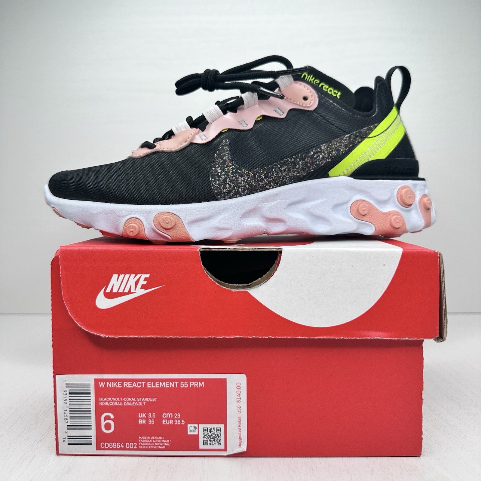 NIB Nike CD6964-002 Women React Element 55 PRM Shoes Sneakers Black Coral Size 6