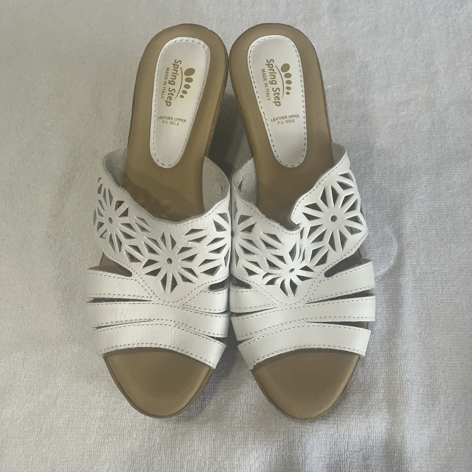 Spring Step Dora White Leather Laser Cut Summer Wedge Slide Sandal Cottagecore