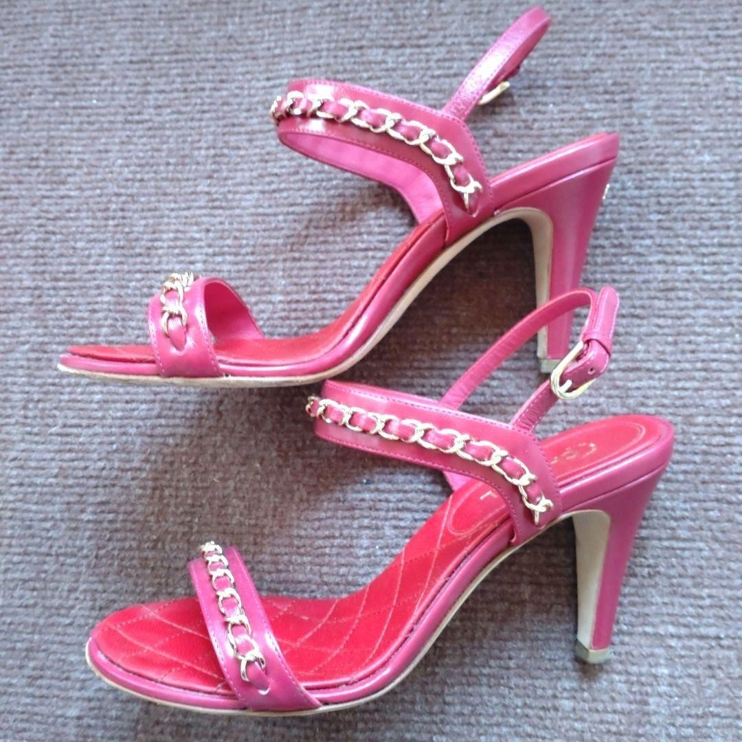 CHANEL Sandals Shoes Cocomark Chain EU 36 US 6 Pink Red Authentic from JP