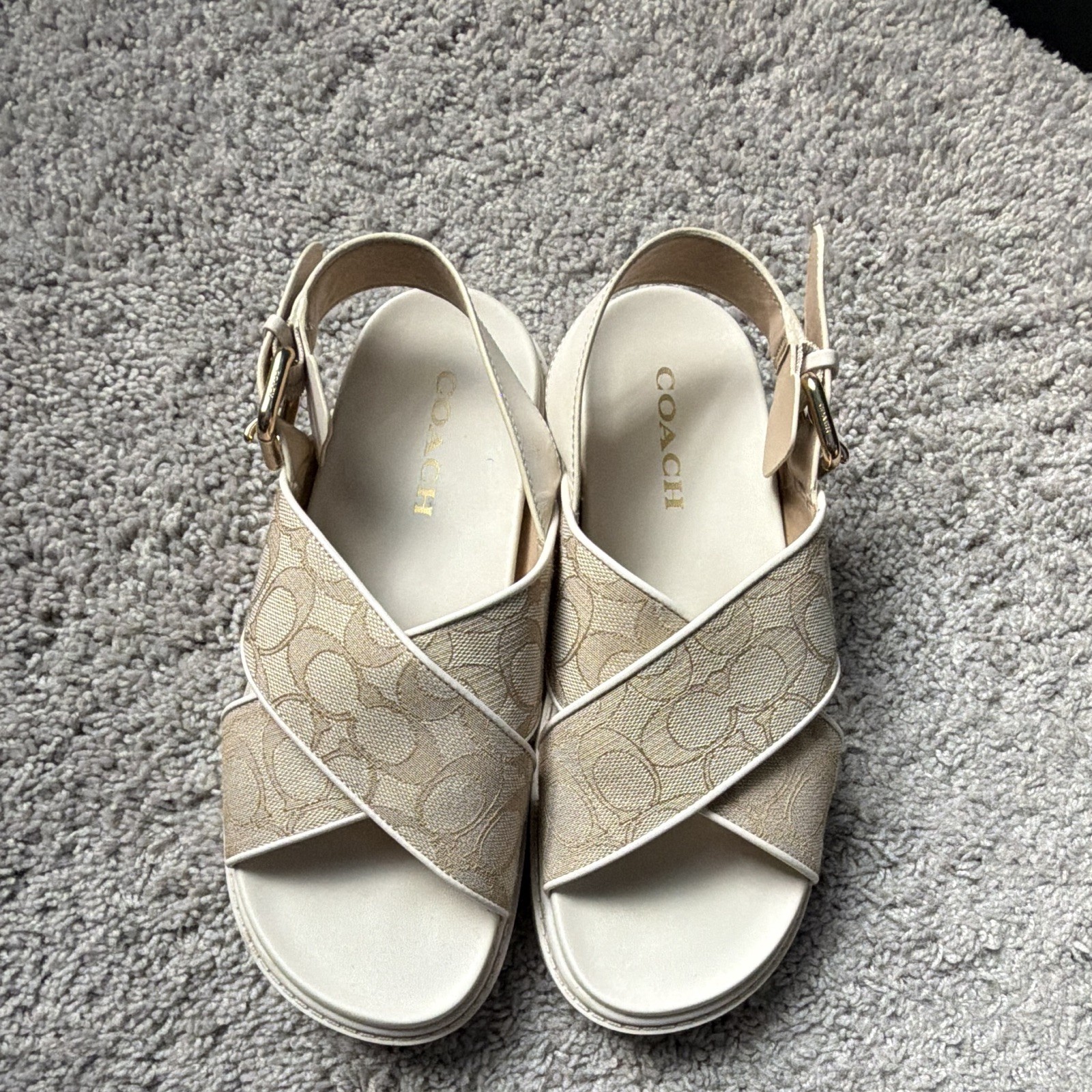 Coach Signature Canvas Strappy Buckle Ankle Strap Sandals Beige/Ivory 6