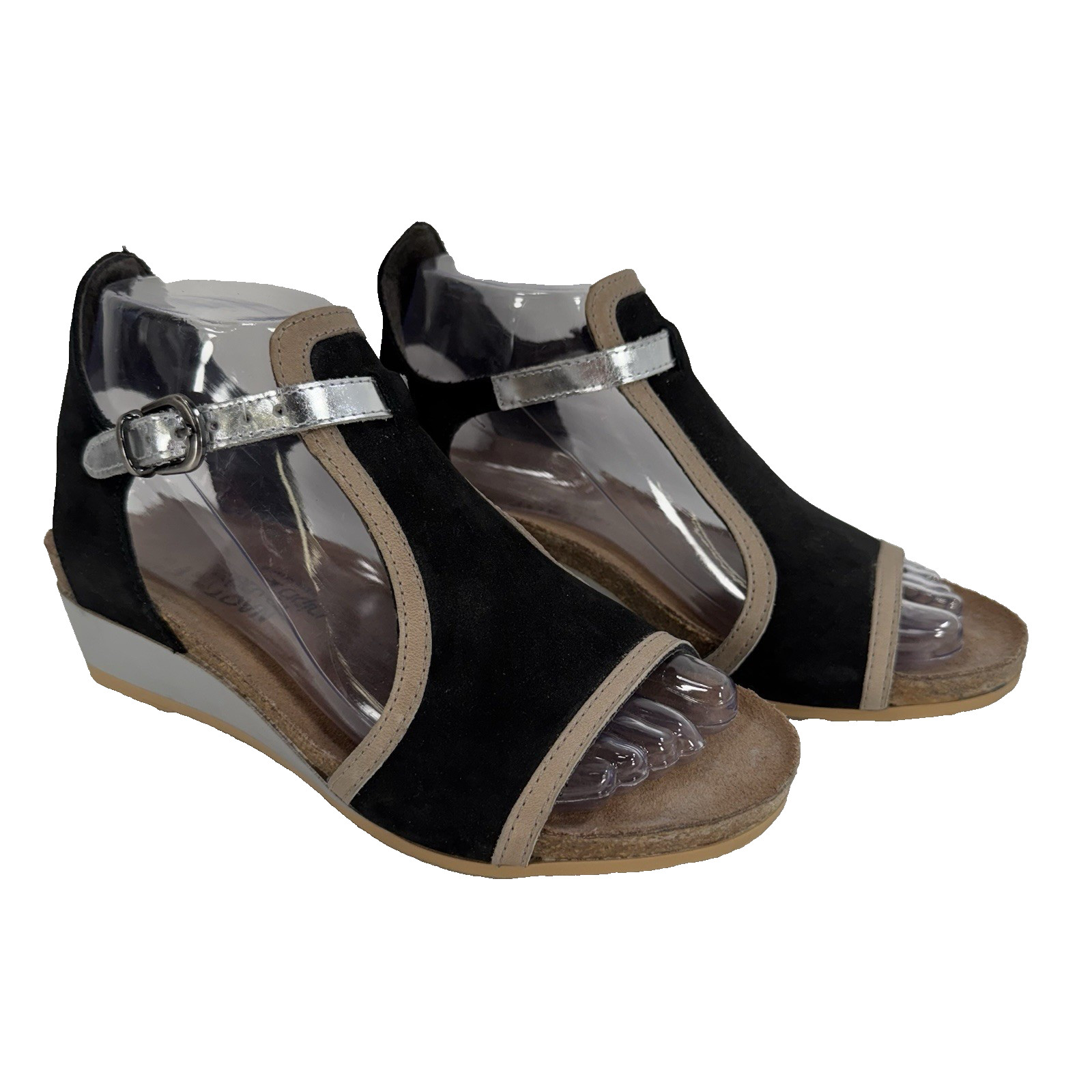 Naot Wom Sand Black Tan Silver Wedge Sandals Women’s EU 37/ US 6-6.5
