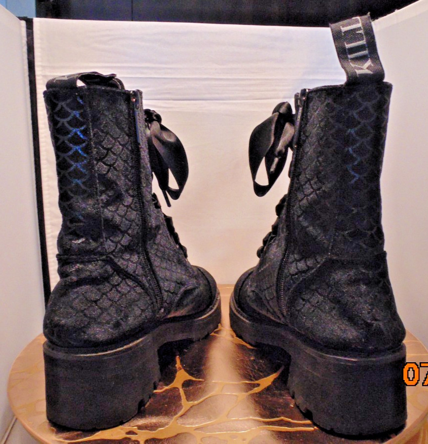 Killstar Black Velvet Print Block Heel Midcalf Boots Zip Ribbon Goth Size 9