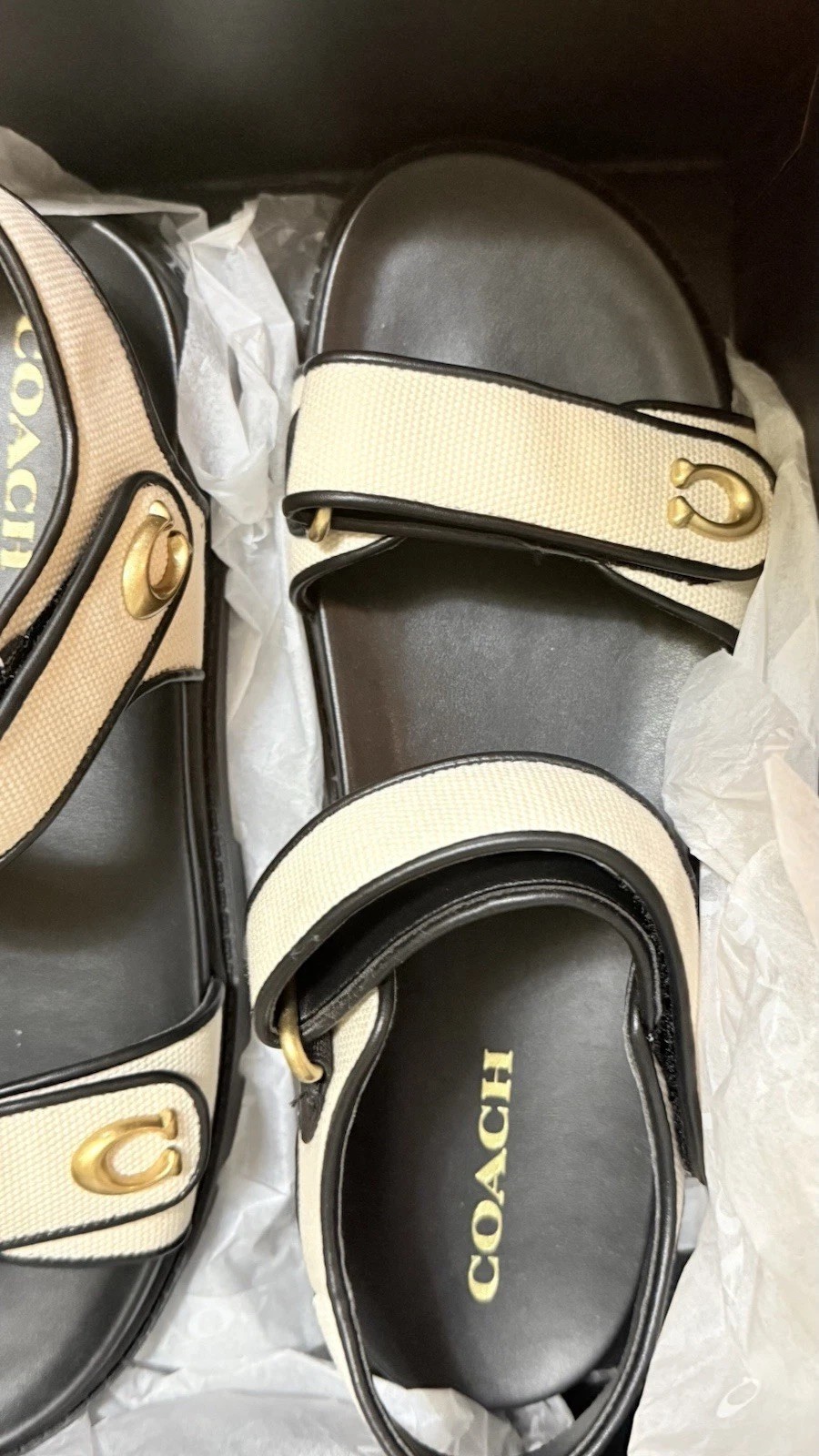 COACH Brynn Canvas Banded Sandals Gold Black White US 11 New