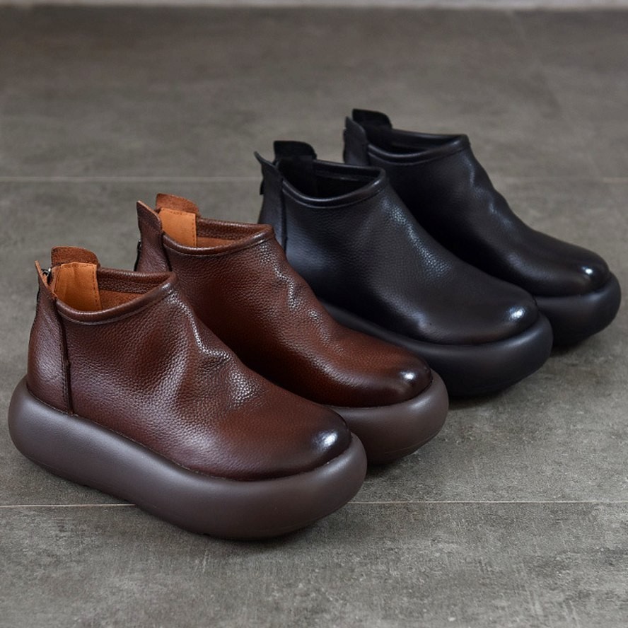 Thick Sole Ankle Boots Women Genuine Leather Flat Platform Creeper Comfort Boots