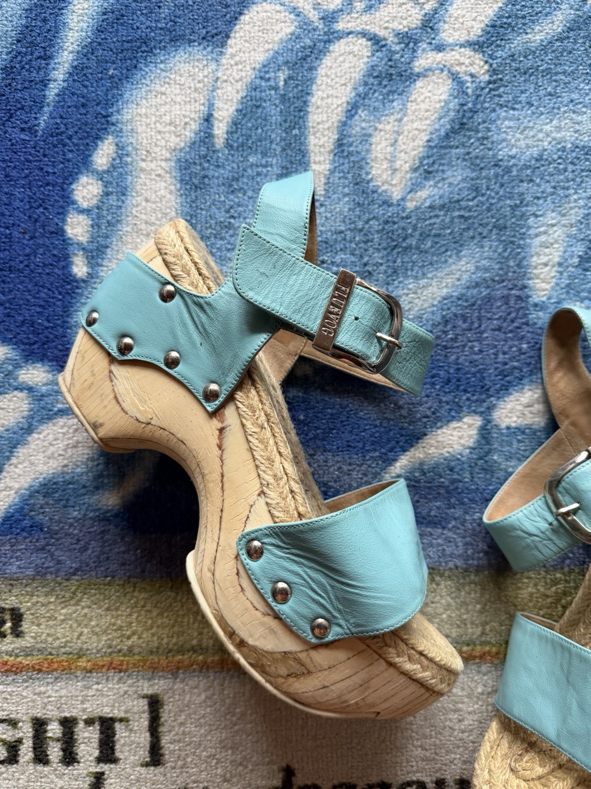 John Fluevog Rushmore Platform Mary Janes Clog Sandal Women’s 8 Blue Buckle Wood
