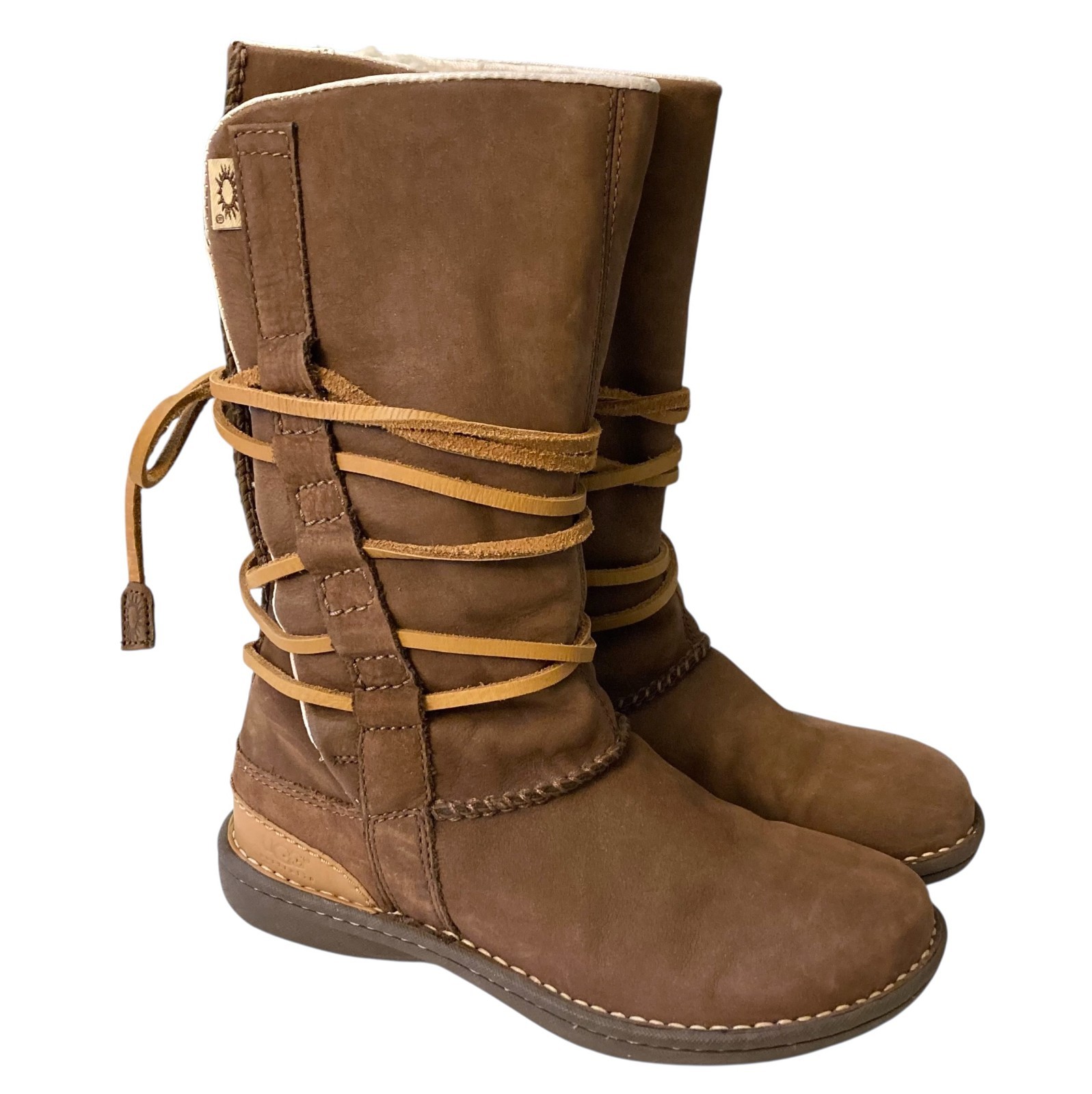 UGG Catalina Sheepskin Leather Boots Women Sz 6 Wrap Laces Mid Calf Goober Brown