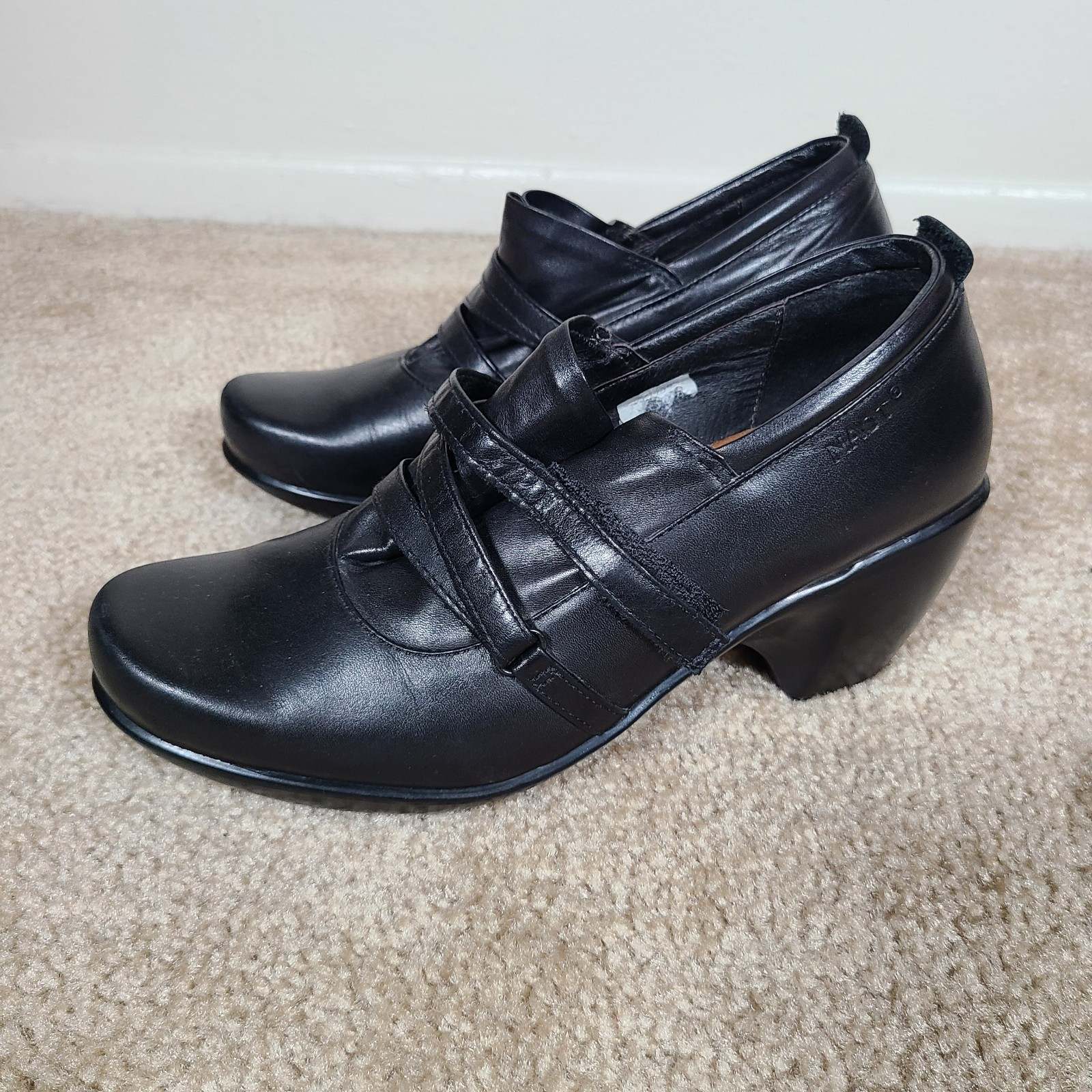 NAOT Black Leather 2″ Wedge Heel Hook & Loop Classy Wedge Shoes EU 37 ~ US 6-6.5