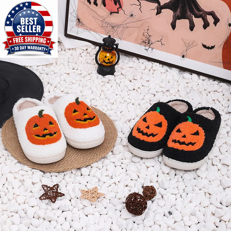 Cozy Halloween Pumpkin Slippers Women Soft Plush Non Slip Indoor Cotton Slides W