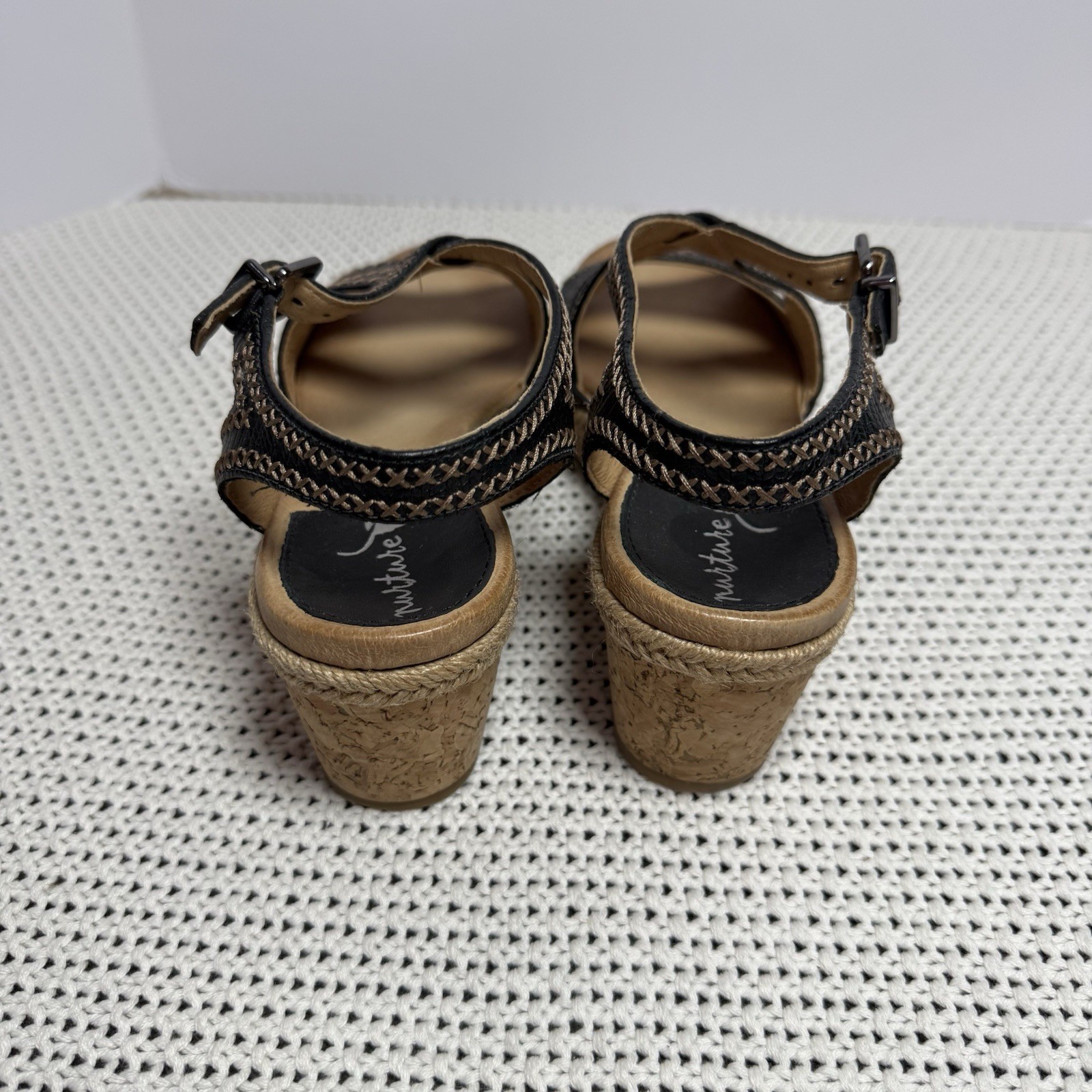 NURTURE Women 6.5 LILITHE Cork Wedge Sandals Heel Black Leather Stitch Platform