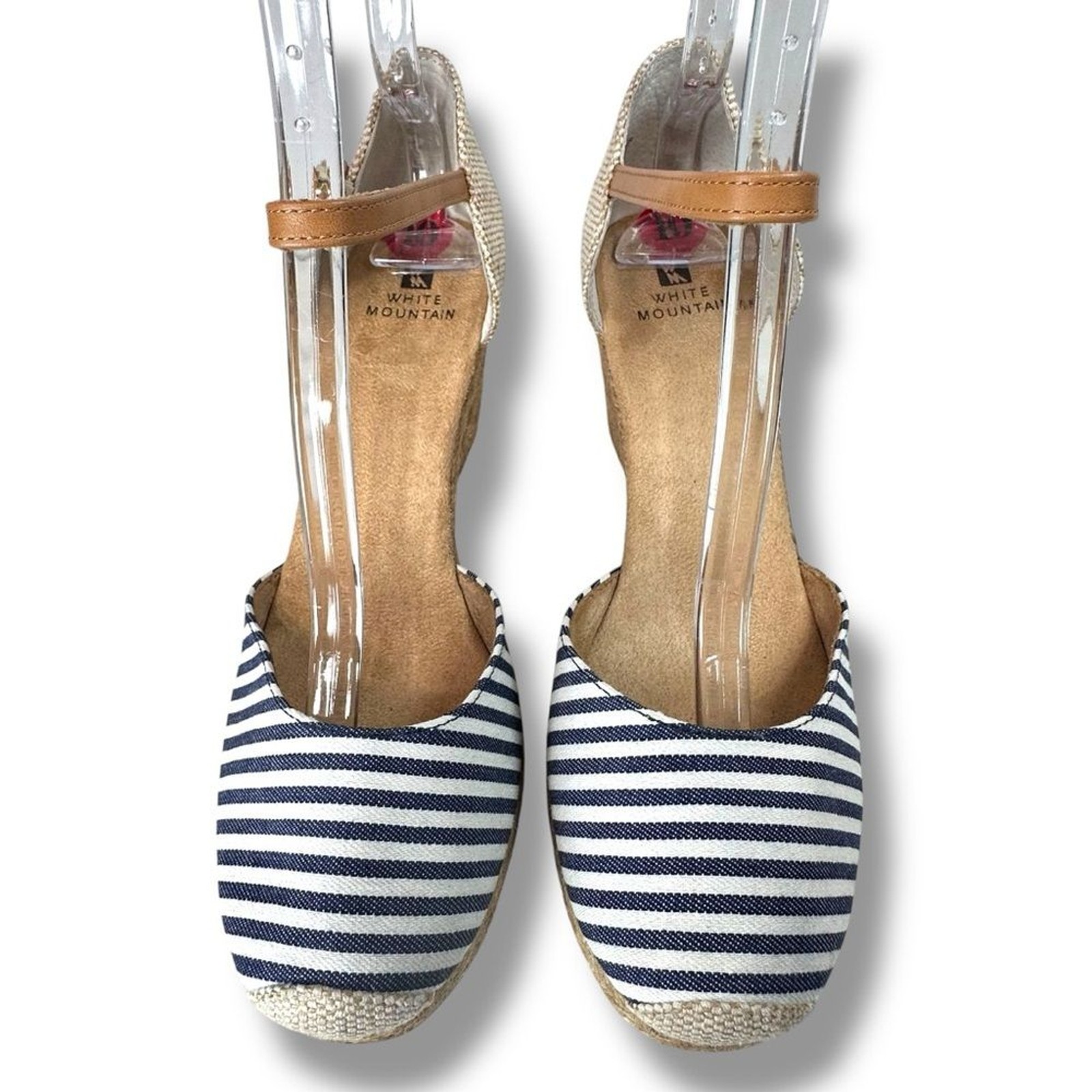 White Mountain Mamba Ankle Strap Espadrille Wedge Sandals Blue White Stripe 10M