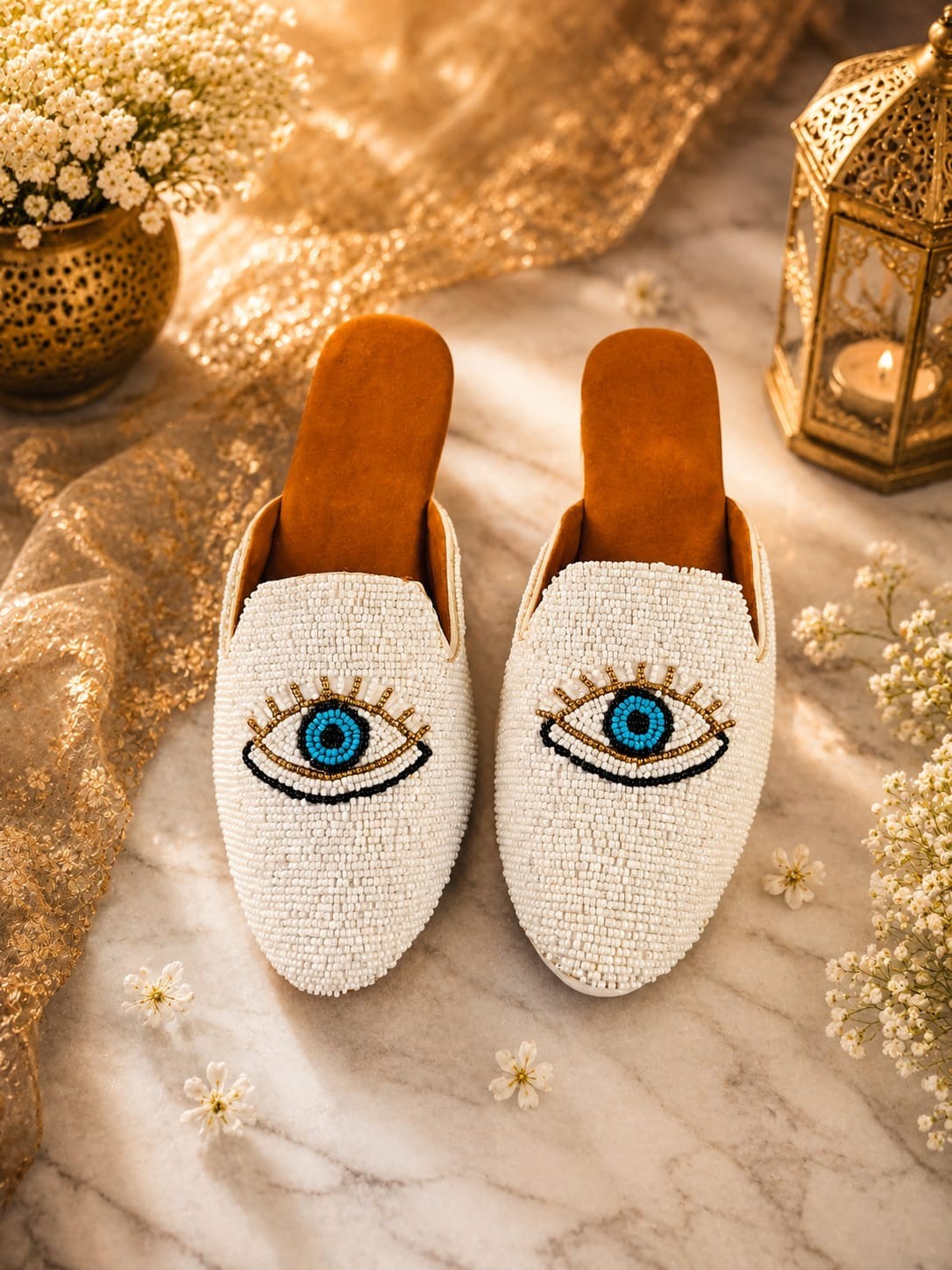 Handmade Women’s Grey Beaded Evil Eye Mules Slip On Flats Ethnic Comfort Shoes