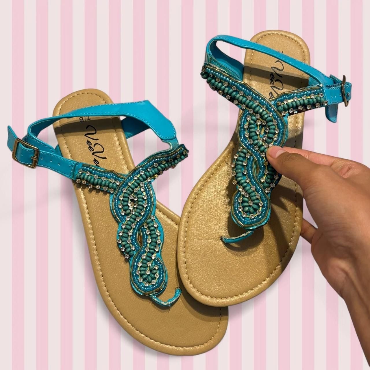VeeVe Blue Beaded Rhinestone Ankle Strap Sandals