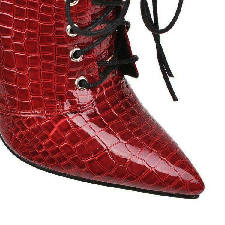 Snakeskin Pattern Women’s Lace Up Ankle Boots Stilettos Heels Shoes Pointed Toe