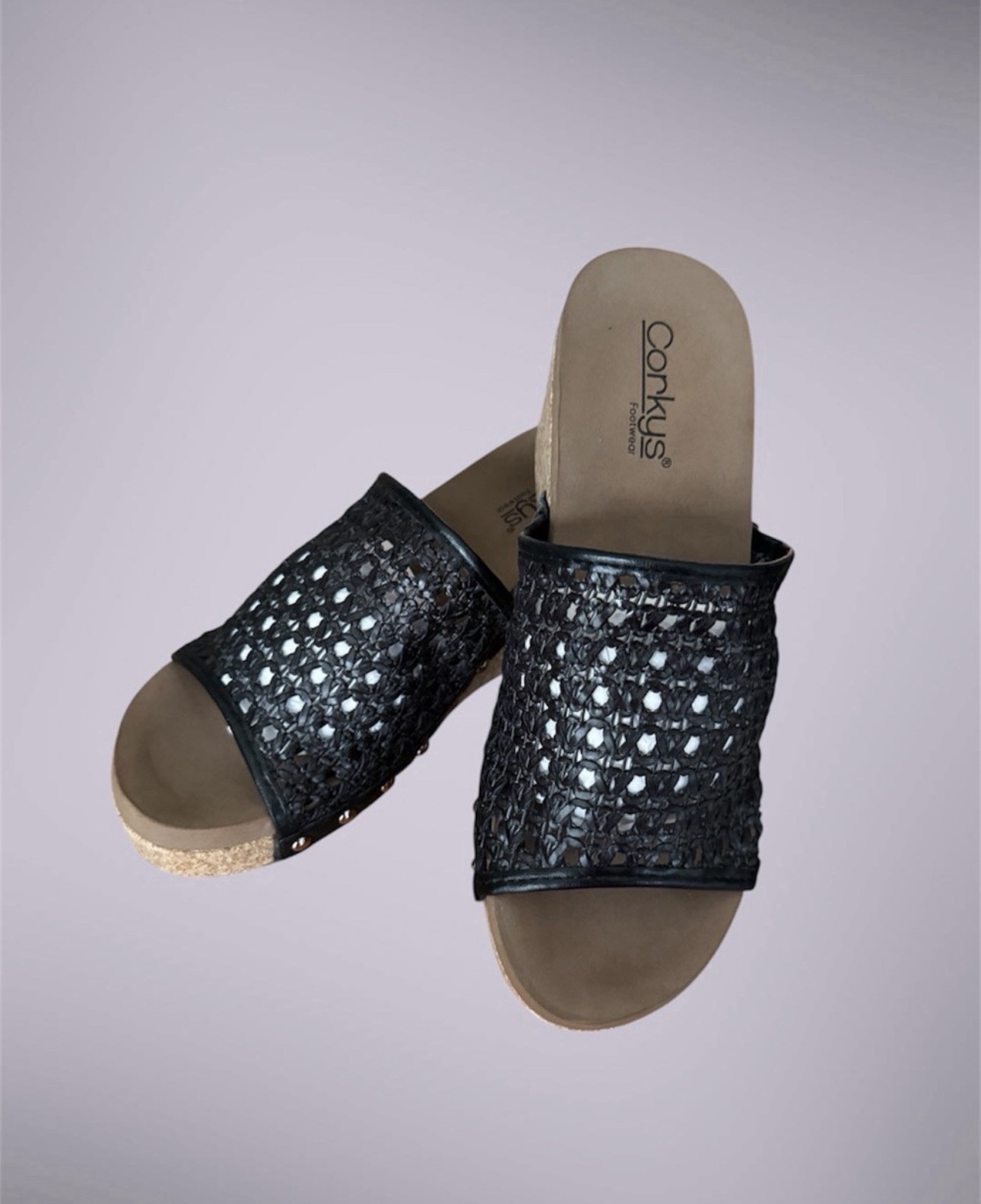 NWOT Corky’s wedge sandals new black Mesh Top size 9 Yoga Mat Cushion Very Cute!
