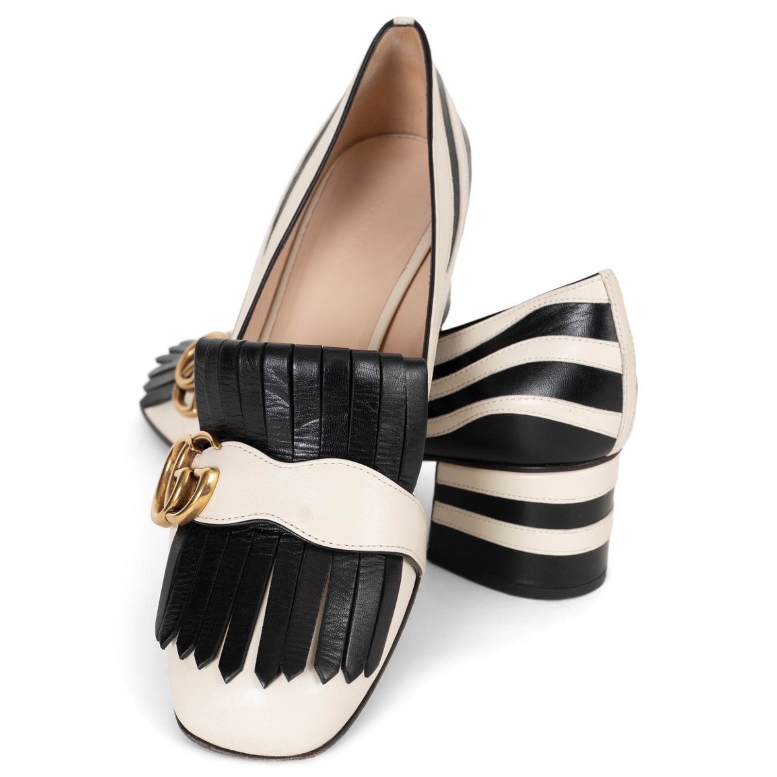 73509 auth GUCCI black white leather 2016 MARMONT ZEBRA Pumps Shoes 38.5