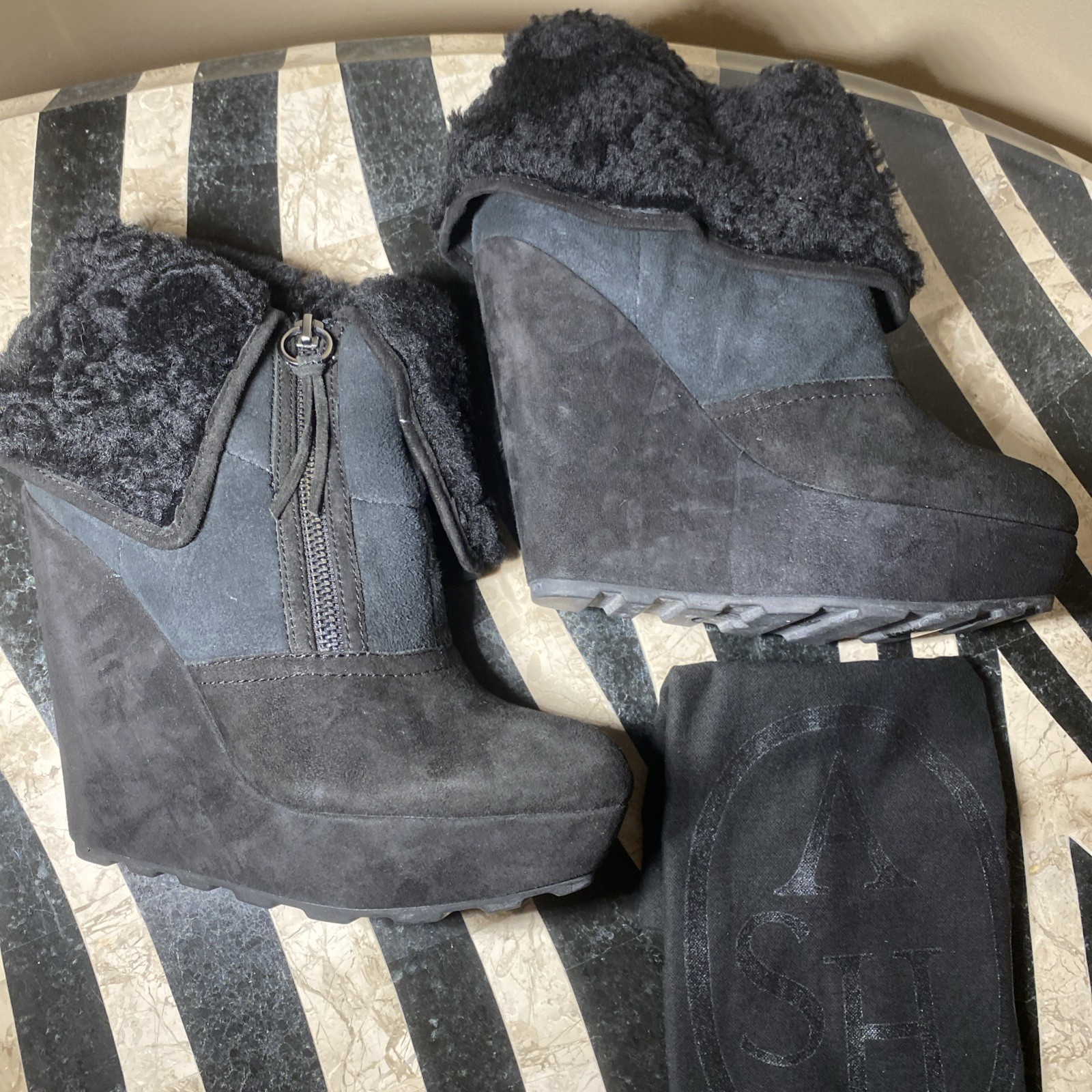 Ash Shearling Suede Wedge Lace-Boots Size 37 7 Y2K Vintage Boho Bohemian New