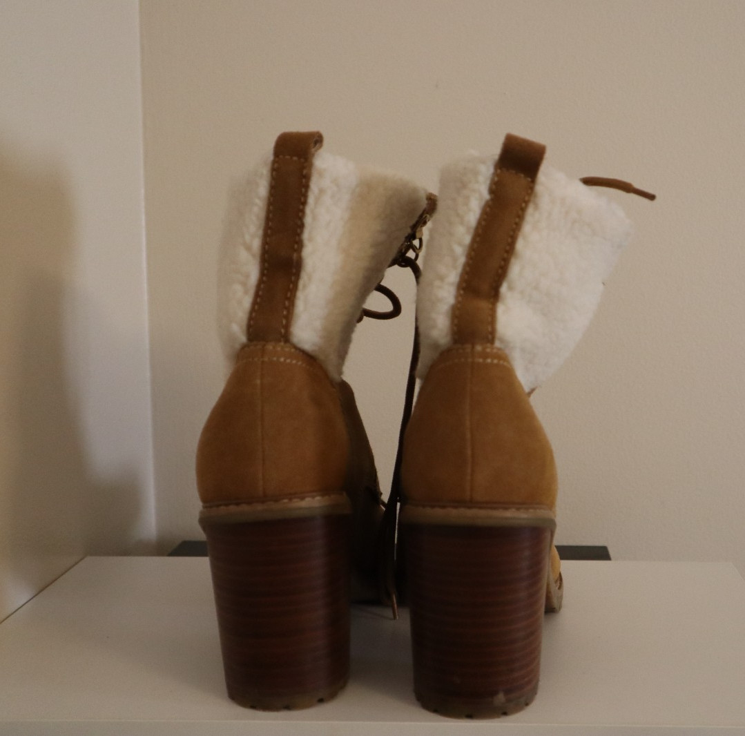 NINE WEST Boots 8 M Phaedra Lace-Up Suede Block High Heel Combat Natural Brown