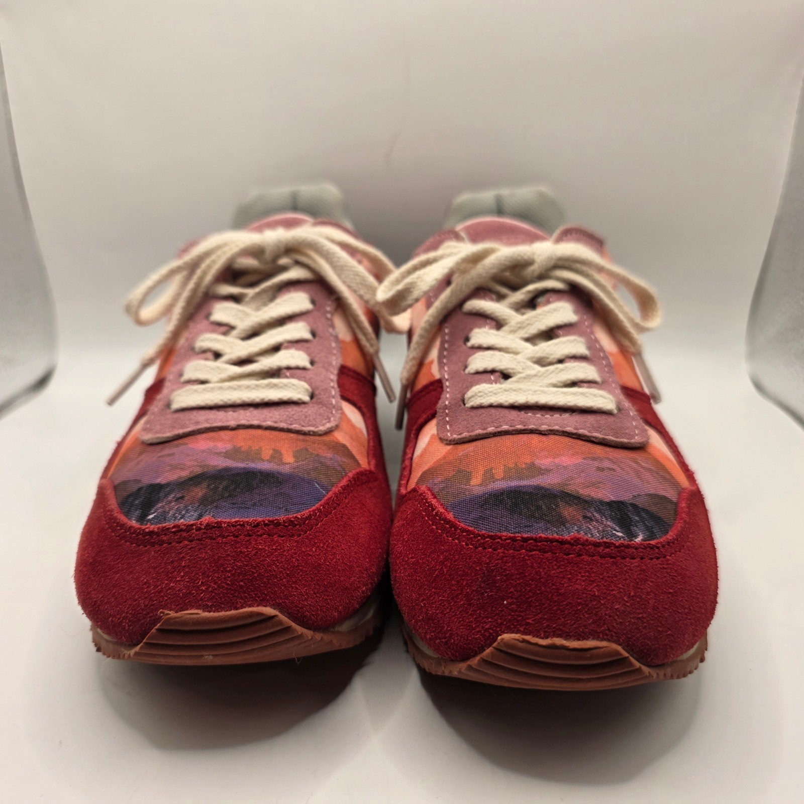Inkkas Low Top Sneakers Sunset Mountain Print Burgundy Suede Womens 9 Mens 7