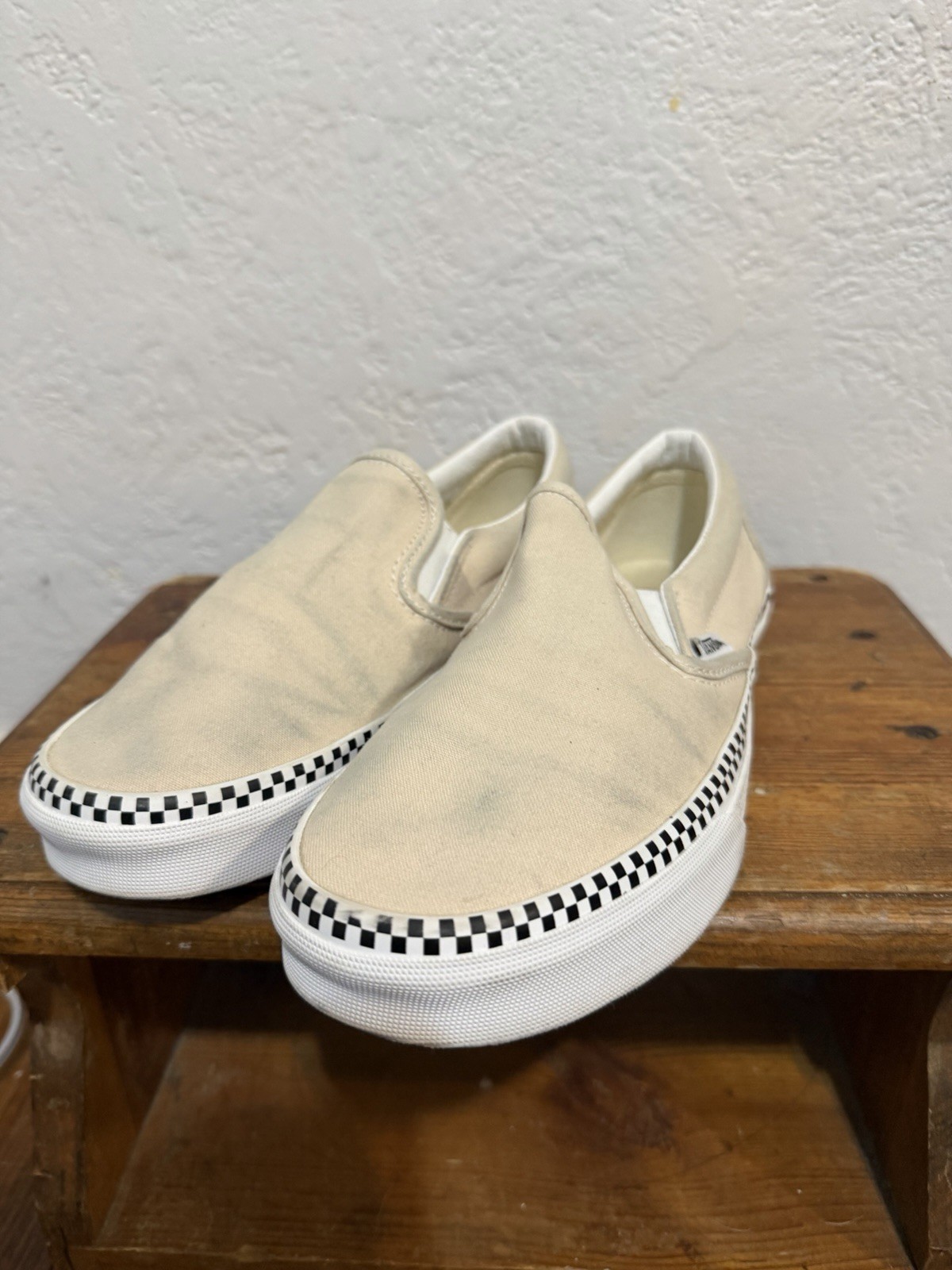 Vans Slip-On Cream Off White Checkerboard Trim Skate Shoes Y2K Gorpcore Size 8