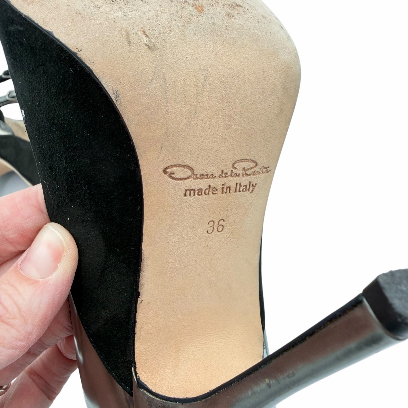 Oscar de la Renta US6 Black Suede Metallic Colorblock Pattern D’Orsay Pumps