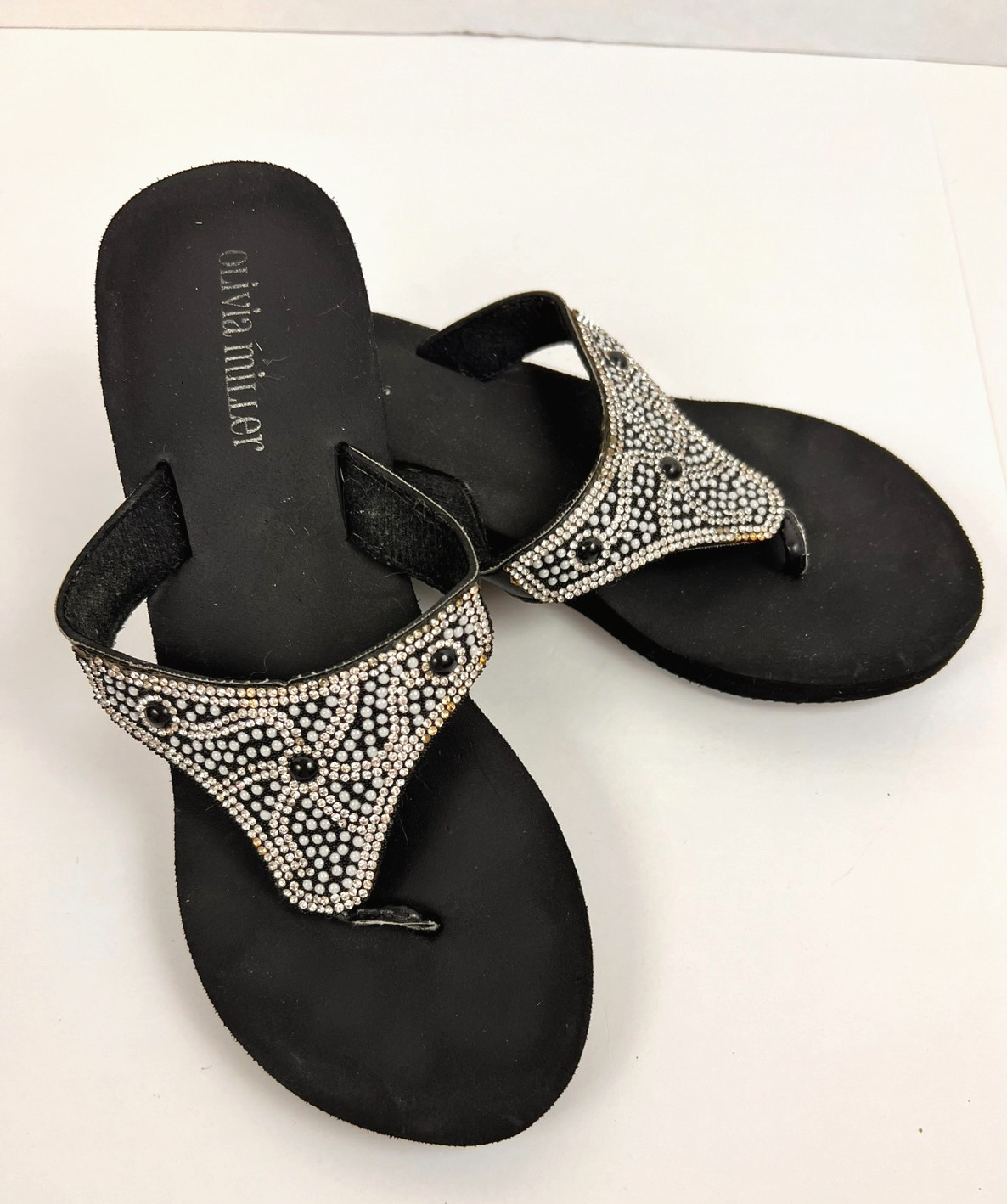 Olivia Miller Black & Blue Shiny Beaded Slip-on Wedge Flip Flop Sandals Sz 7.5