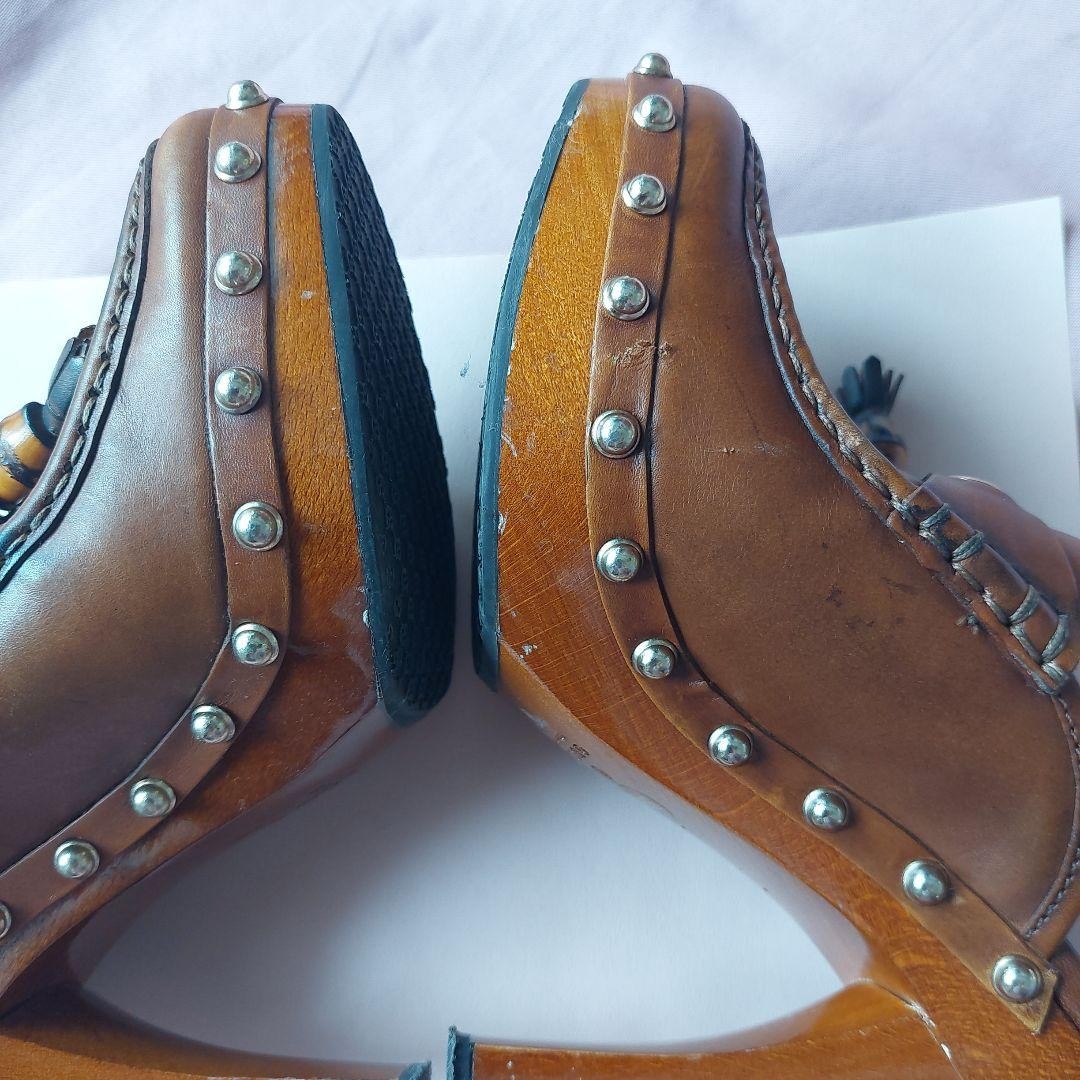 Auth GUCCI Studded Sabot Mules Bamboo Bit Wood Platform Heels Vintage IT35.5 US5