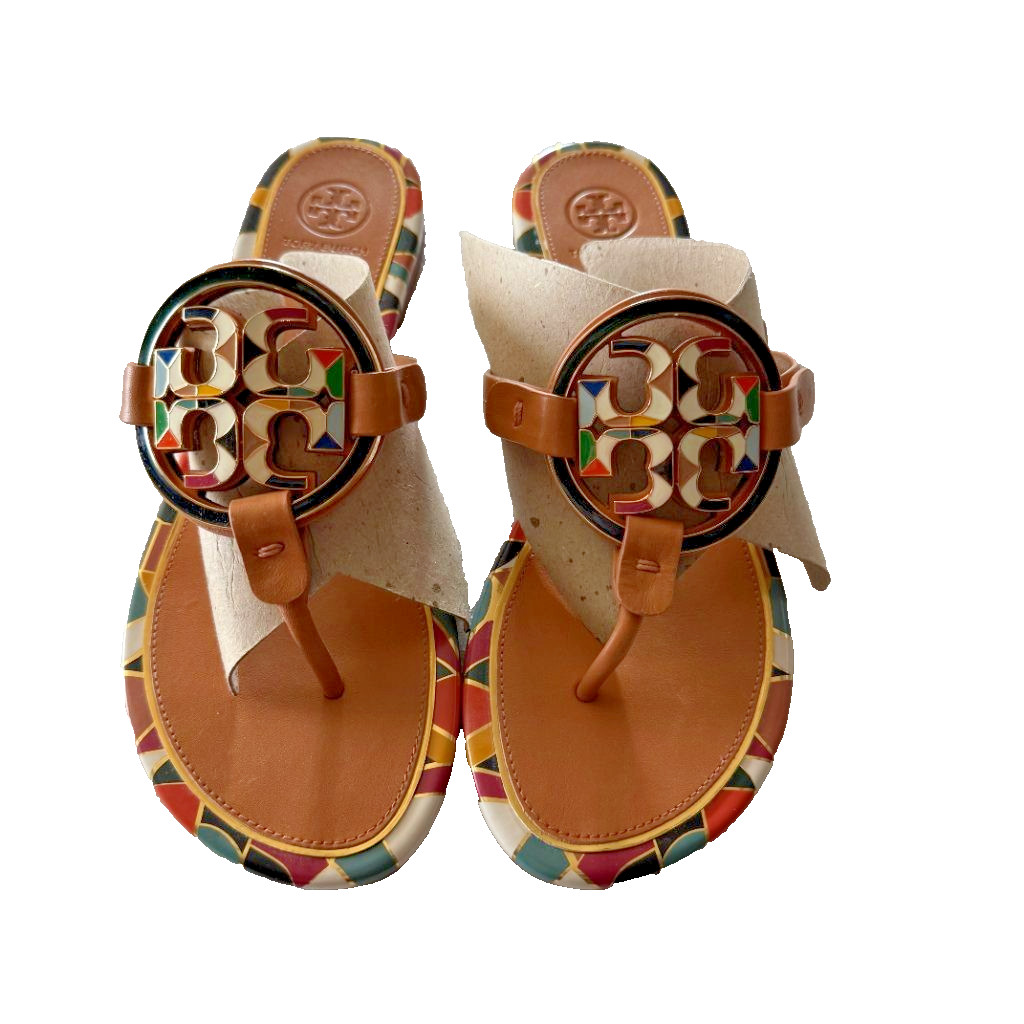 Tory Burch Miller Metal Enamel Logo Thong Sandals Tan Leather Multicolor Sz 8.5