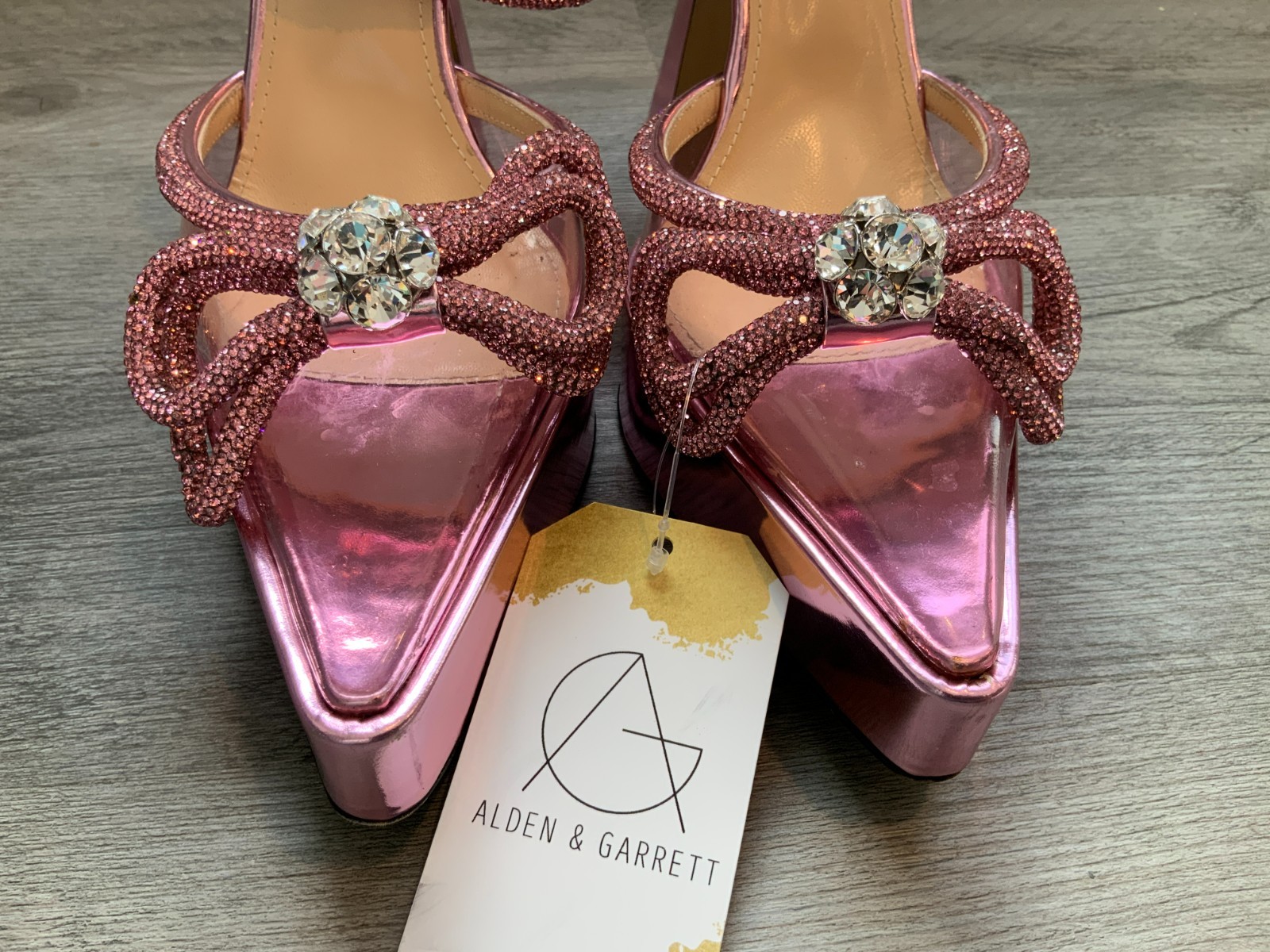 Mach & Mach Pink Double Crystal Bow Platform Pumps, Size 40 | 10