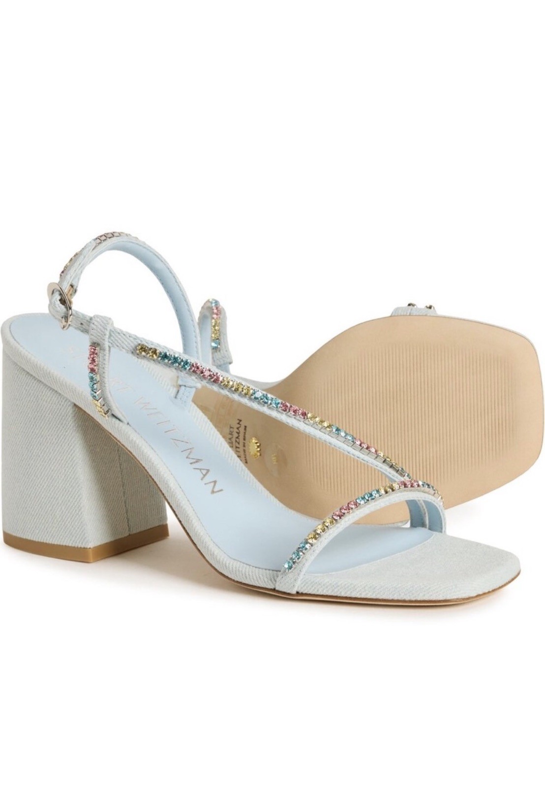 $575 Stuart Weitzman Women’s Blue Soiree Crystal 85 Block Sandal Shoes Size 9