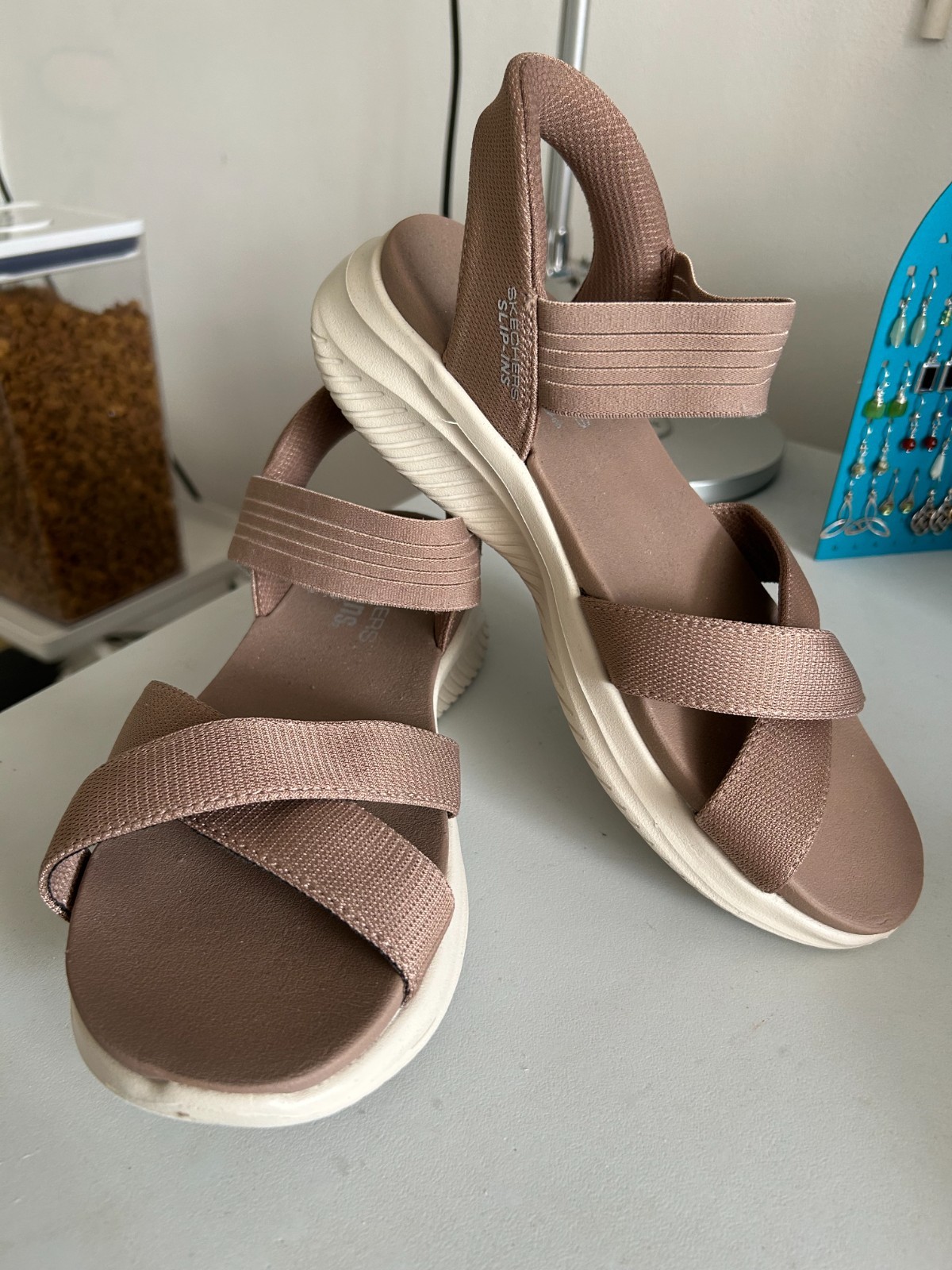 Skechers womens sandals, taupe/brown, strappy Slip-ins, 8.5, NWOB