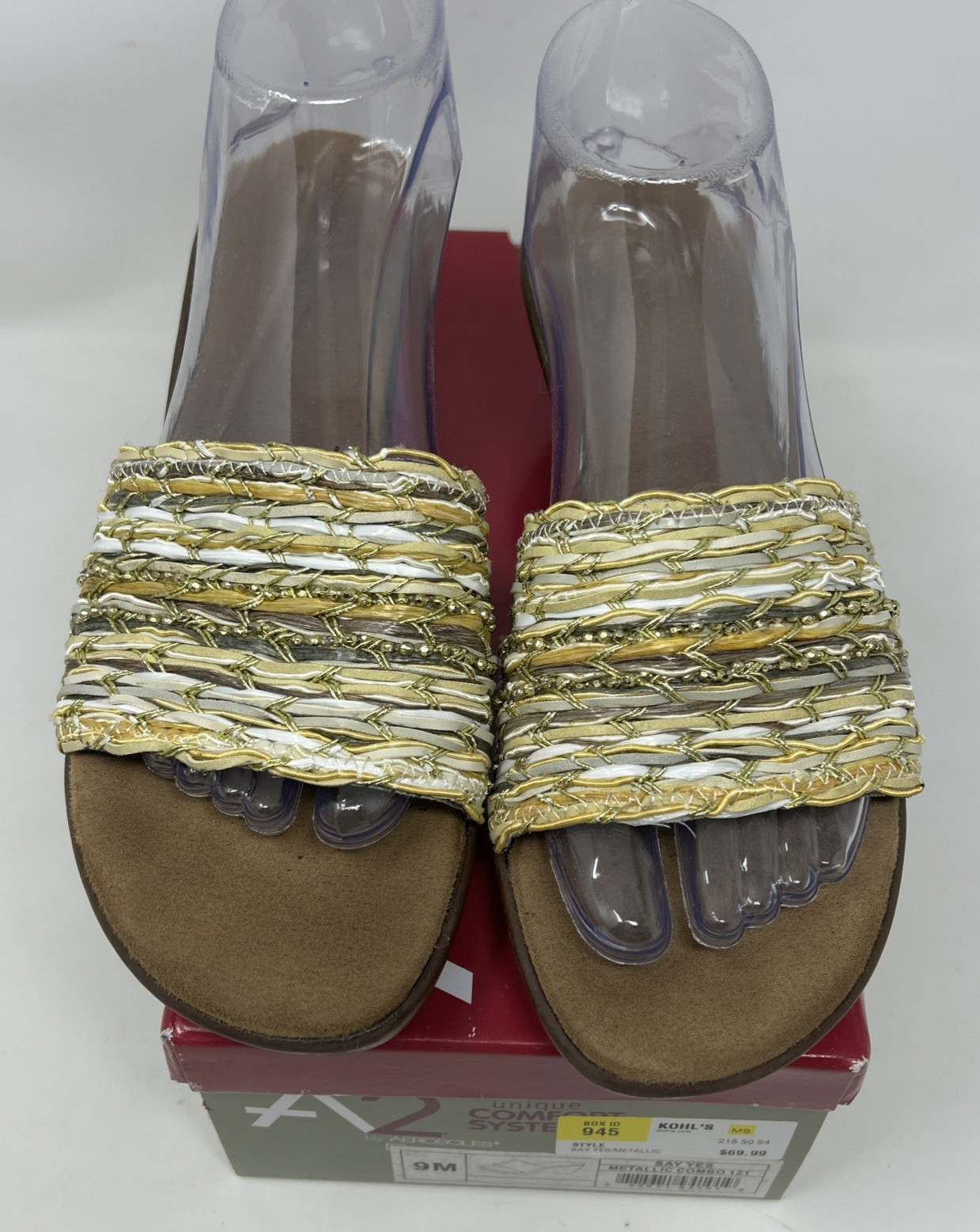 A2 by Aerosoles Say Yes Woven Wedge Sandals Slide Women 9 Gold Metallic with Box