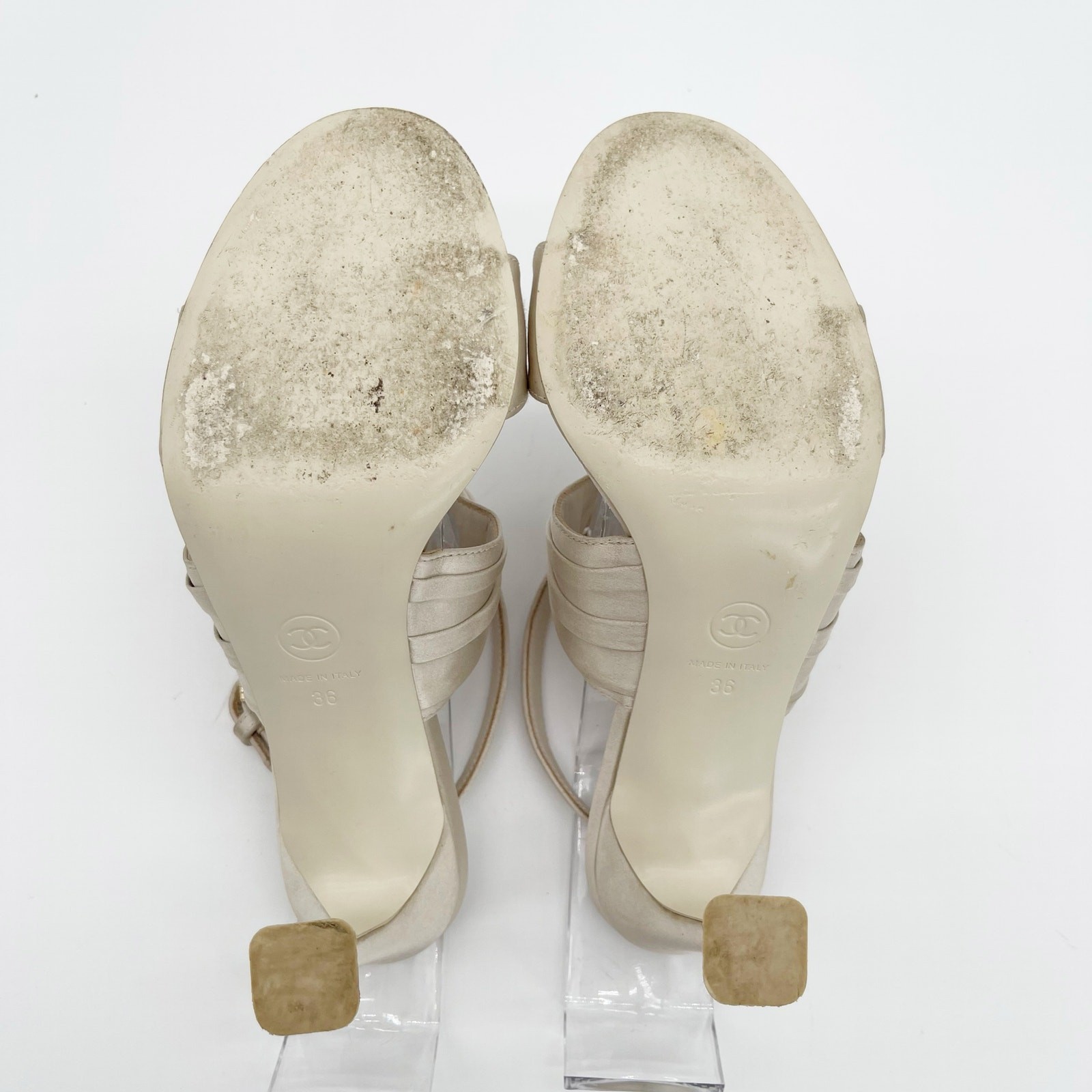 Chanel S/S 2023 Beige Satin Crystal CC Logo Ankle Strap Sandal Heels EU 36