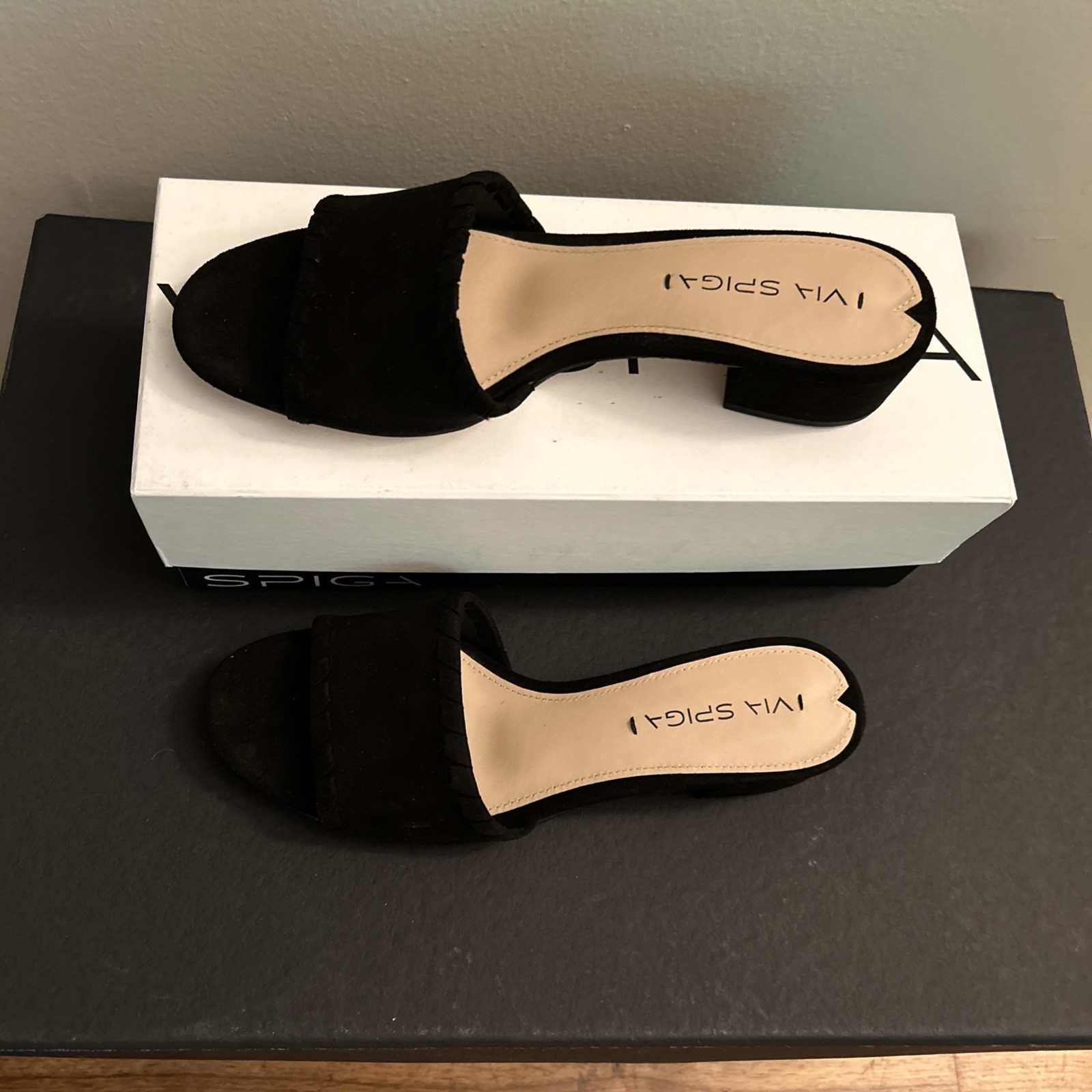 VIA SPIGA Gwendolyn Black Suede Leather Slip-on Sandals 8 M EUR 38 NIB