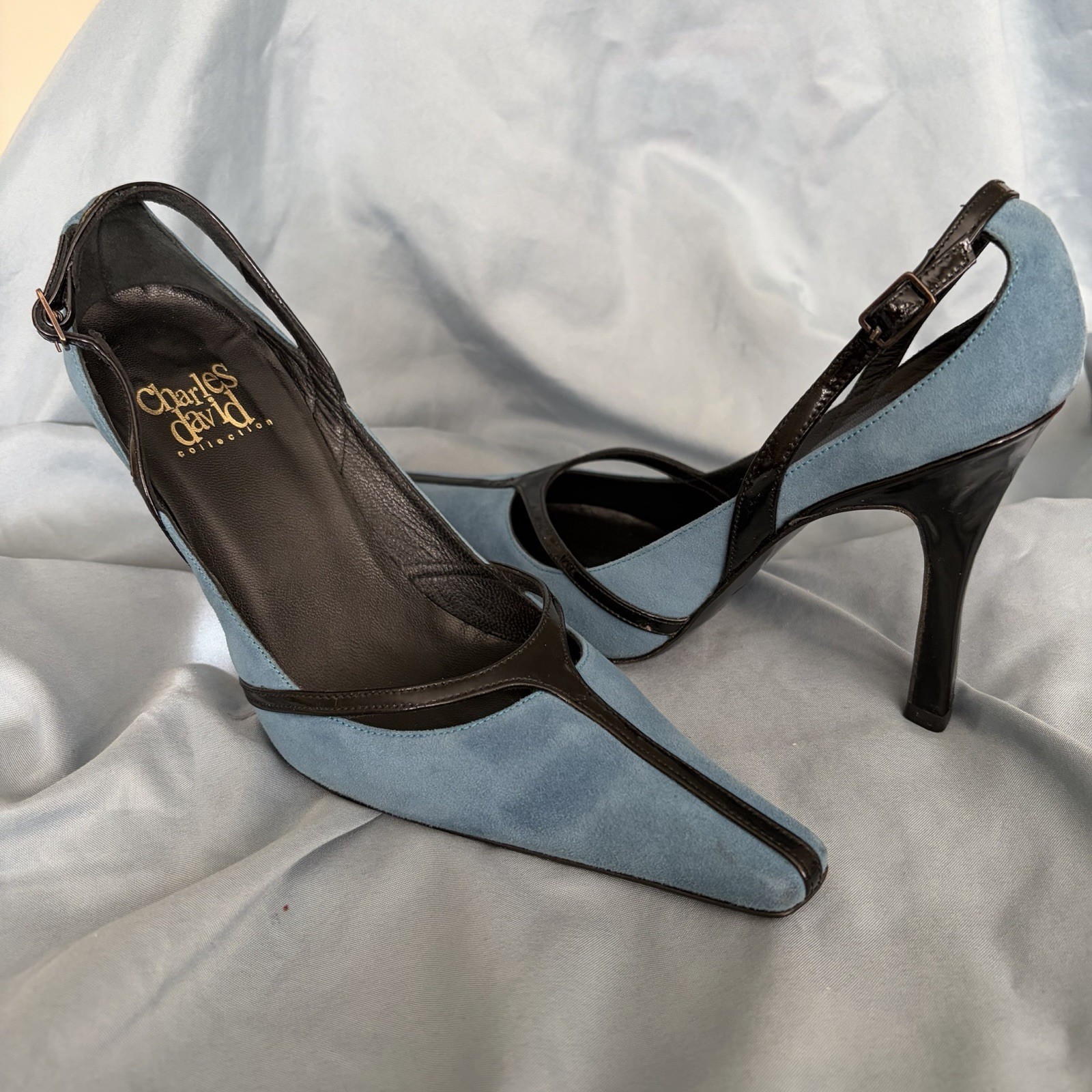 Charles David Vintage Heels Blue Suede Black Leather Slingback Sz 5.5 Classy