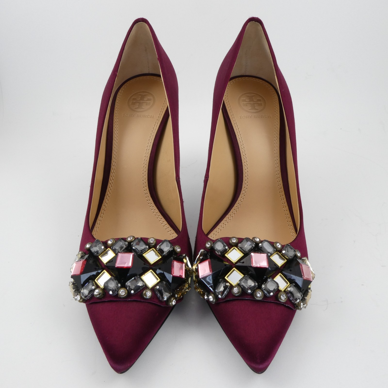 Tory Burch Elizabeth 3.25 in Satin Jewel Heels Leather Royal Port Women’s US:8 M