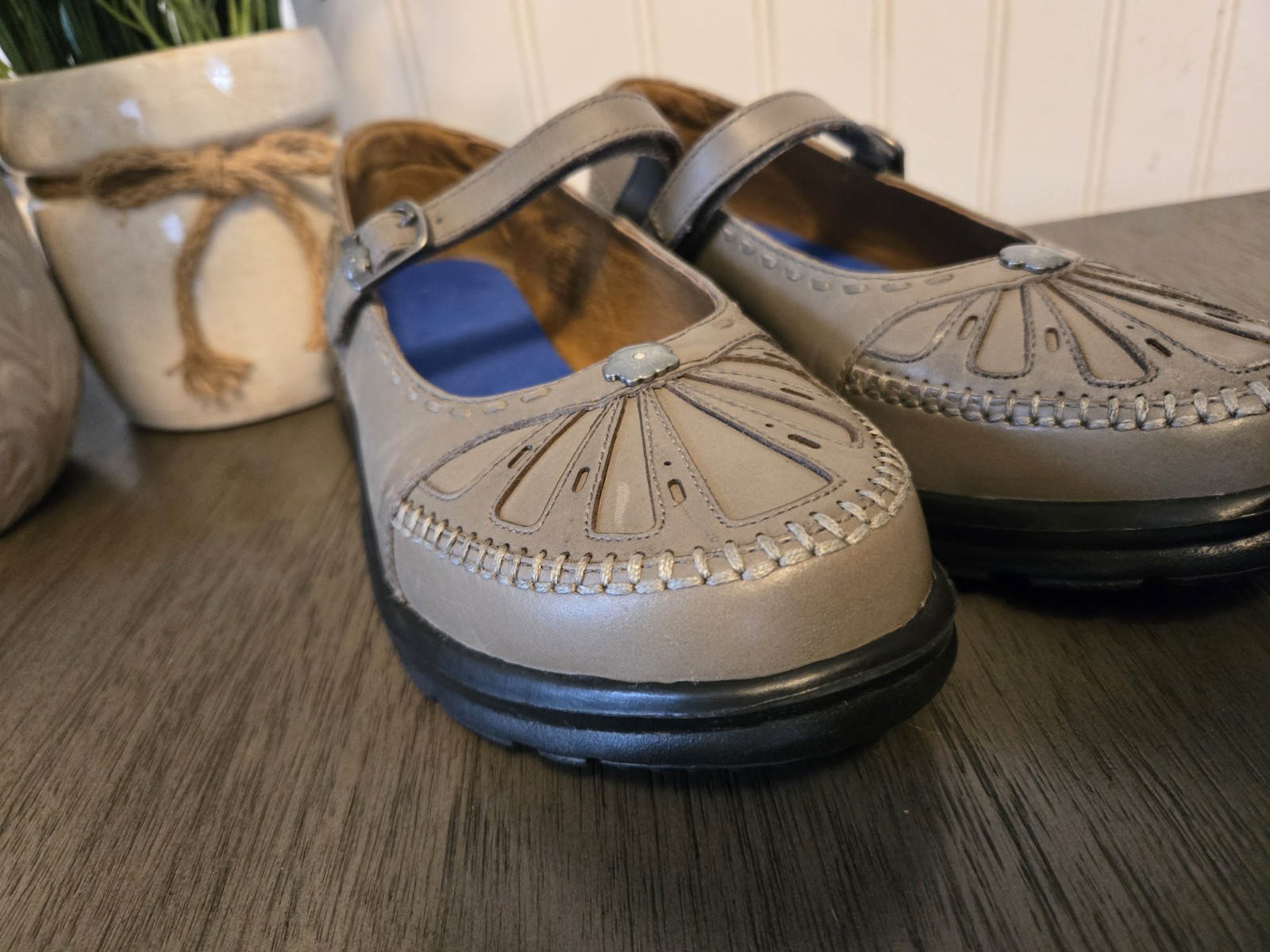 Dr. Comfort Paradise Mary Jane shoes feature a taupe leather upper