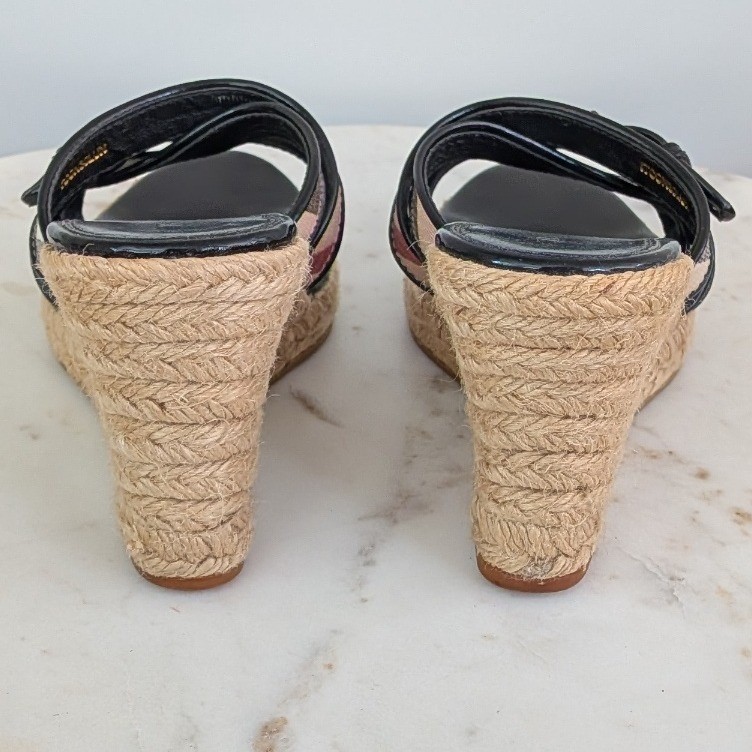 Burberry Nova Check Espadrille Wedge Sandals Black Patent Leather IT 37 3460643