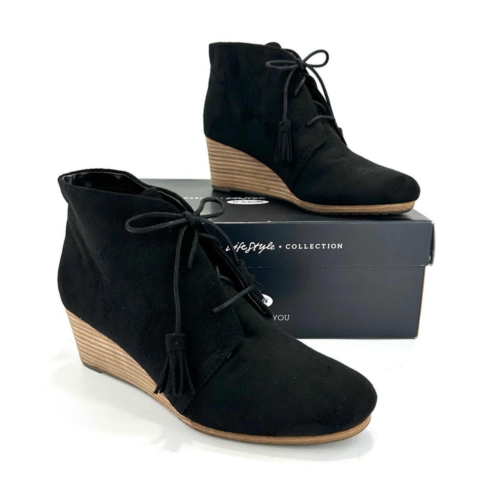 Dr. Scholl’s Dakota Black Wedge Bootie Size 8W Microfiber Oxford Style Lace Tie
