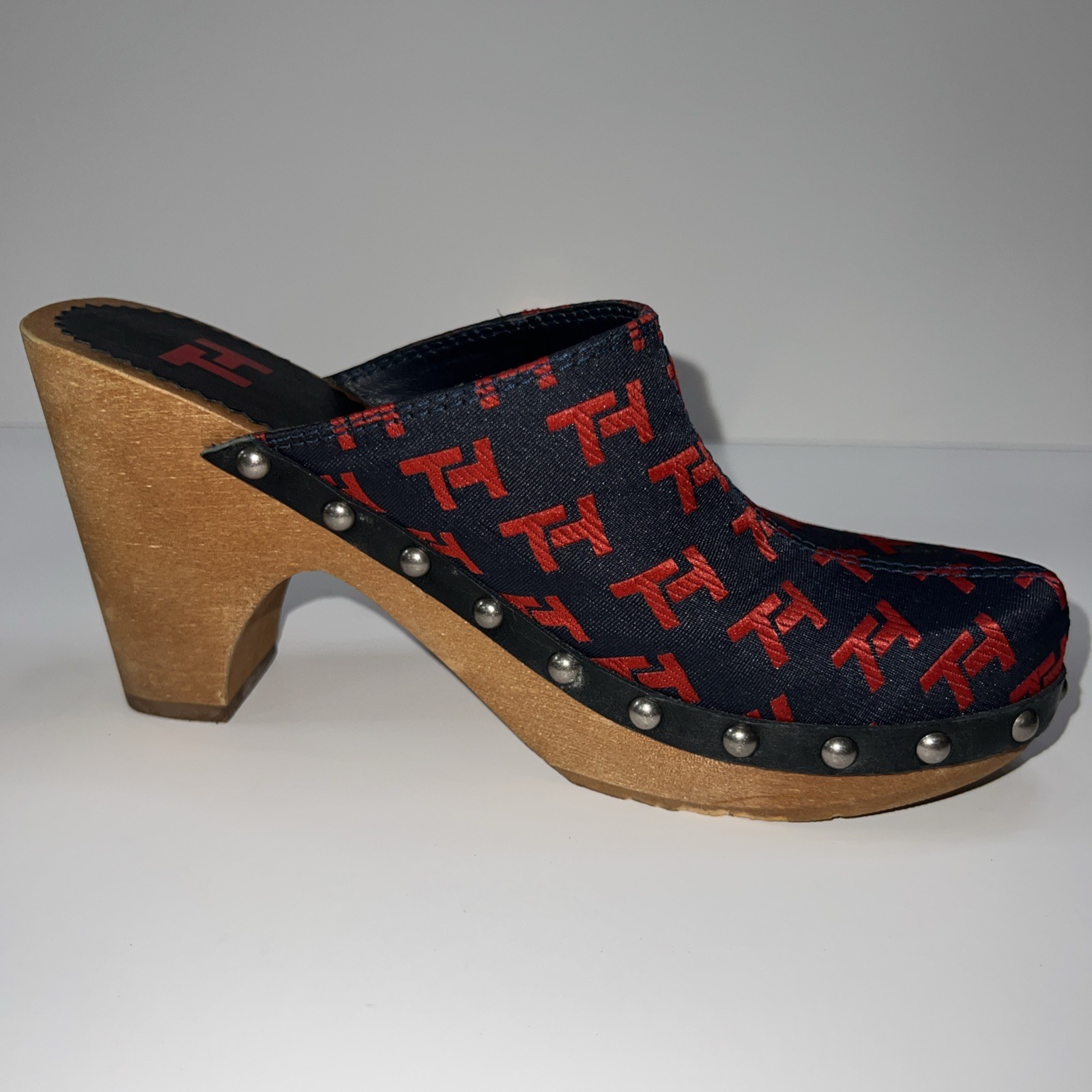 Vintage Tommy Hilfiger TH Monogram Canvas Wood Clog Mules Y2K Womens 5M Brazil