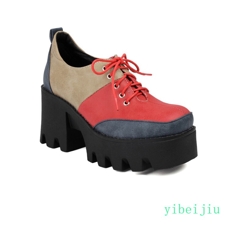Women’s Platform Shoes Patchwork Two Tone High Block Heel Colorblock Lady Retro
