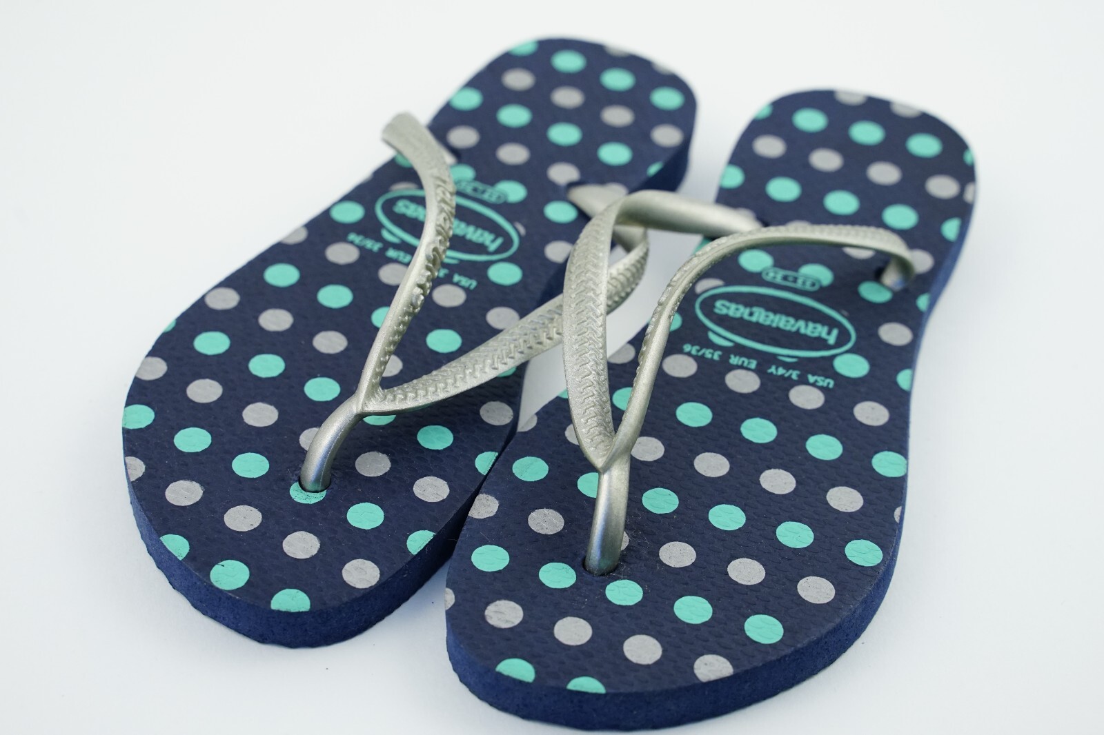 Blue/Teal Green Silver Poka Dots Havaianas USA 3/4Y Sandals EUR 35/36 (33/34)