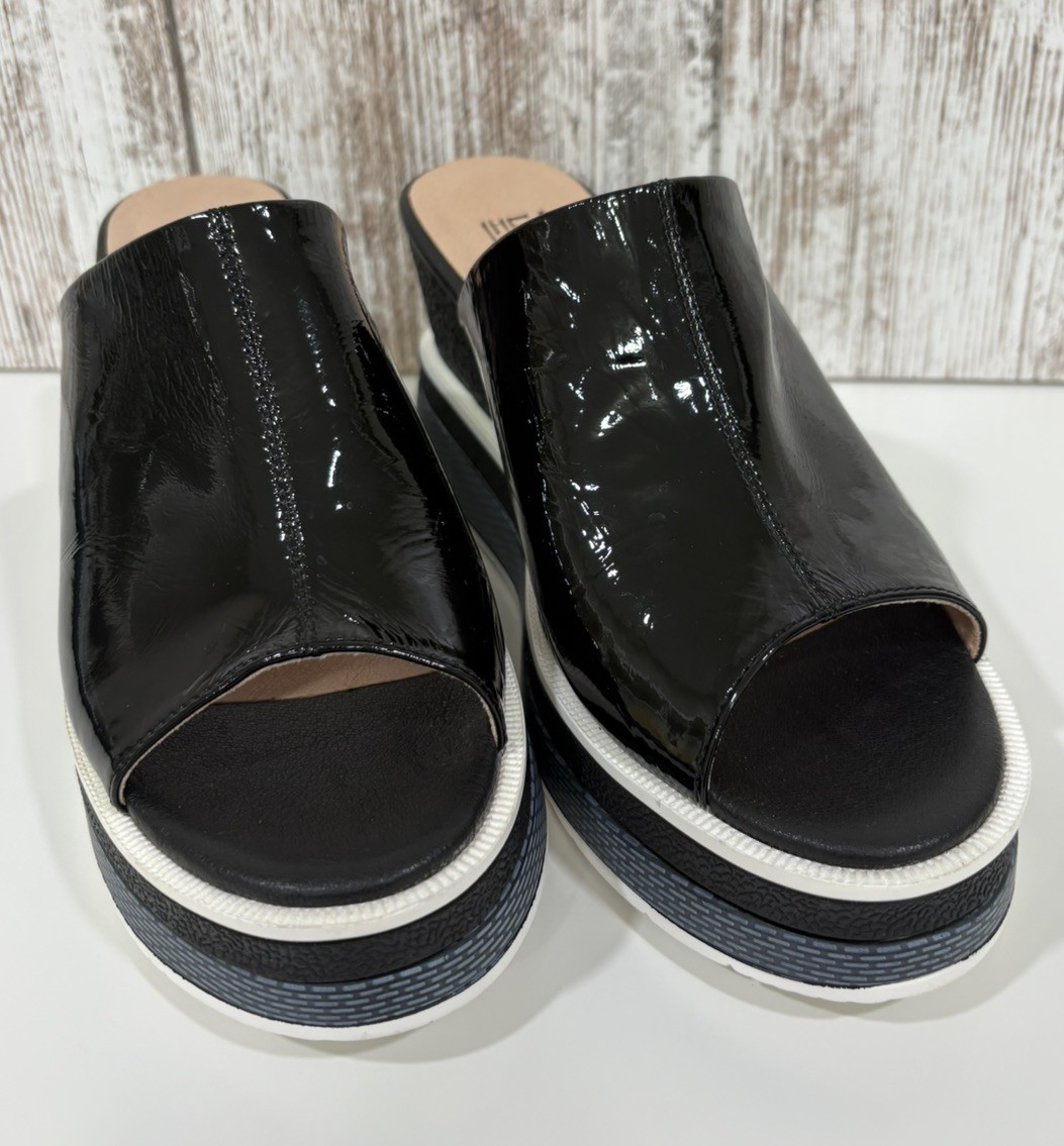 L’Artiste Black Leather Open Toe Slip-On Wedge Slide Sandals Sz EU 39 US Sz 8.5