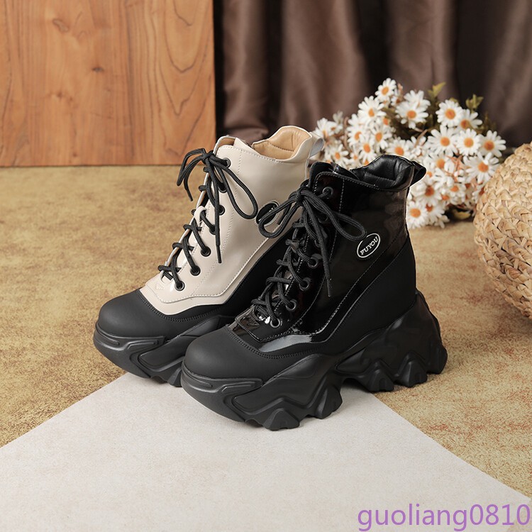 Women’s Leather Ankle Boots Lace Up Shoes Round Toe Hidden Wedge Platform Retro