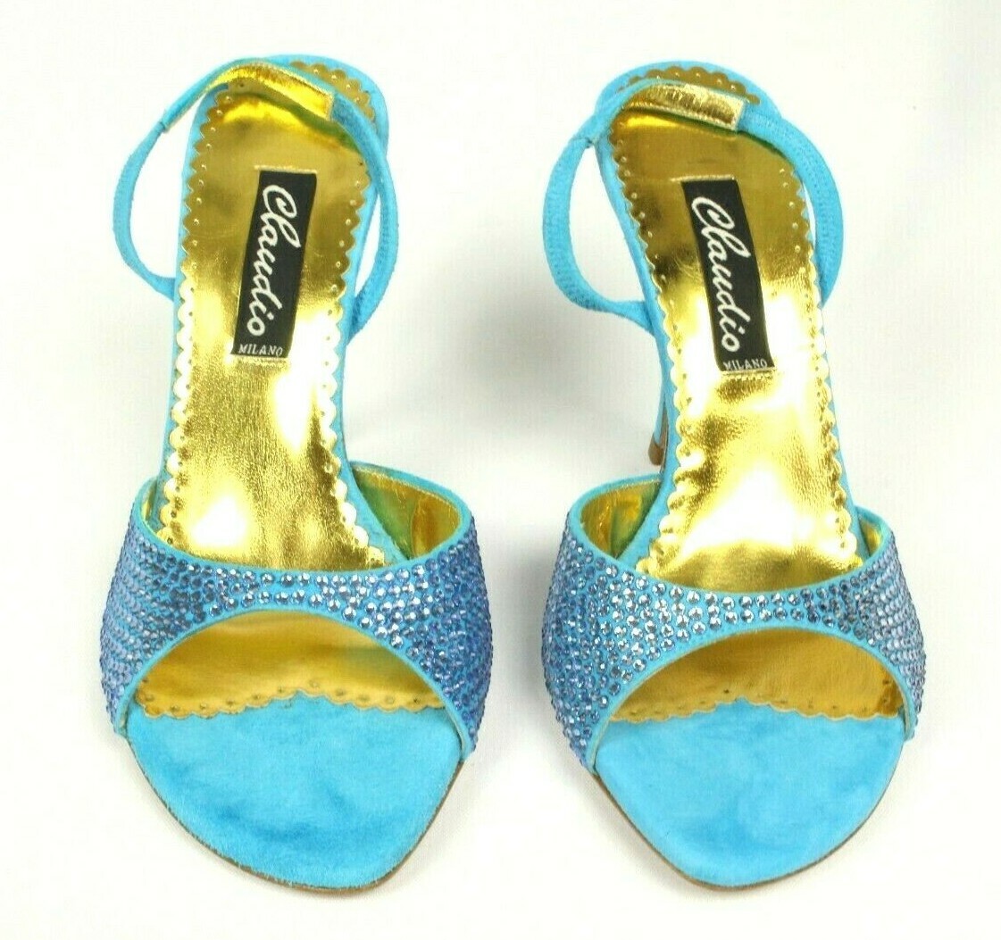 Claudio Milano Italy Women’s Blue Swarovski Crystal Suede Shoes Retail $420