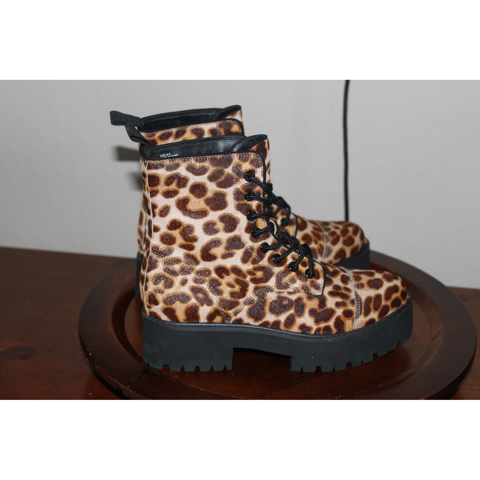 Faryl by Farylrobin Leopard Combat Boots Platform Calf Hair 6.5 Chocolate Brown