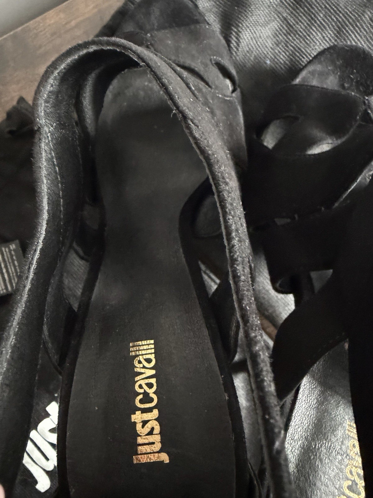 Just Cavalli Black Suede Strappy Stiletto Open Toe Heels Gold Zipper. Size 39