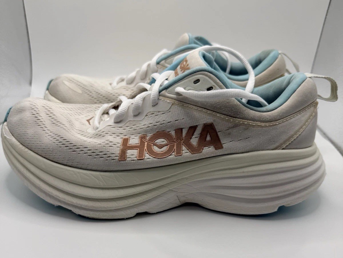 HOKA Bondi 8 Rose Gold White Womens Running Walking Athletic Sneakers Size 8.5