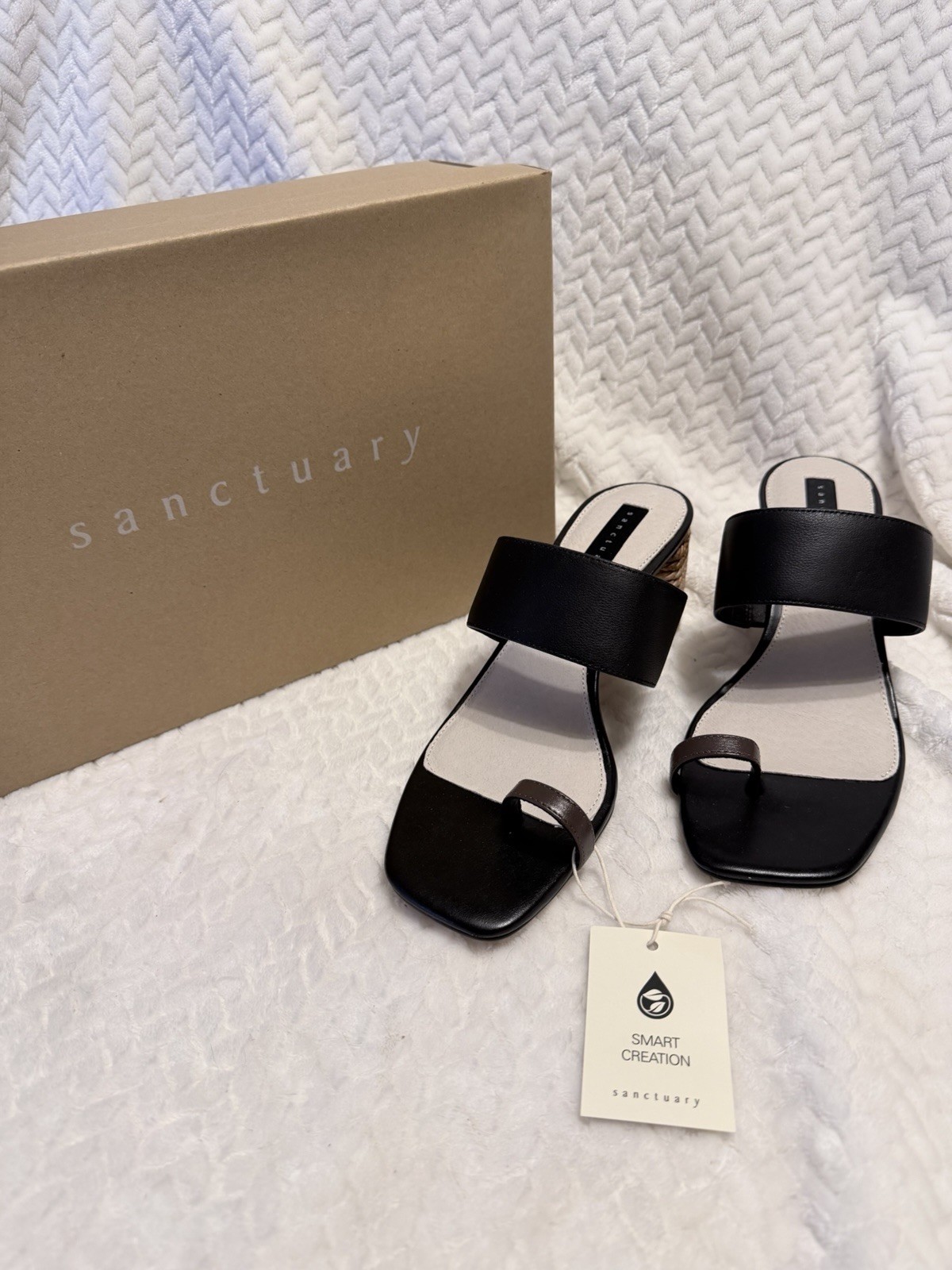 Sanctuary Bold Black Leather Toe Loop Rope Block Heel Sandals Slides Size 9M New