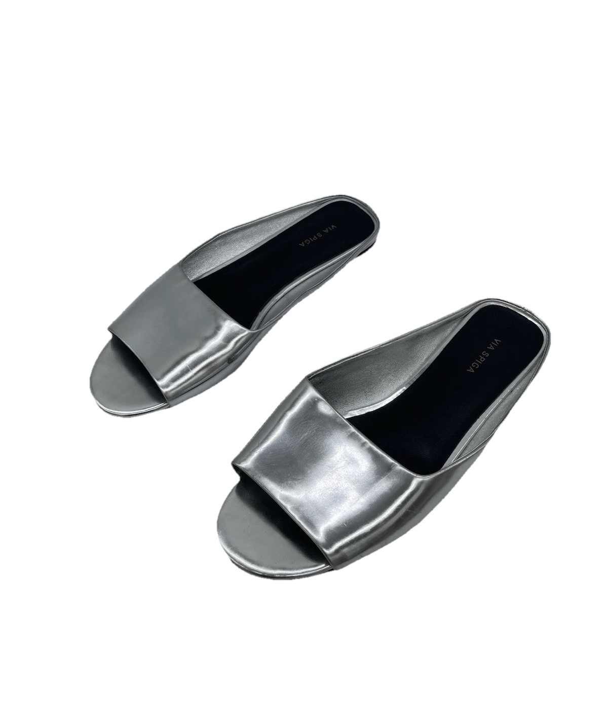 VIA SPIGA Hana Slides Silver Metallic Chrome Flats Open Toe 6.5M Patent Leather